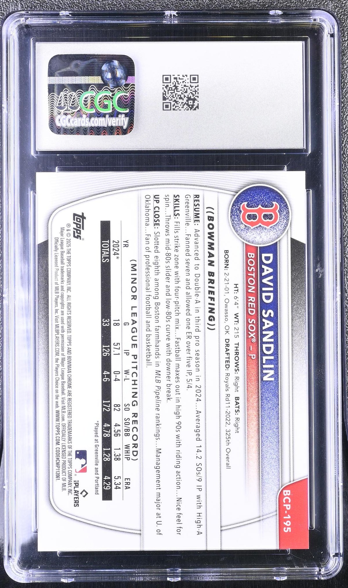 2025 Bowman Chrome Sapphire #BCP-195 David Sandlin Prospects CGC 10