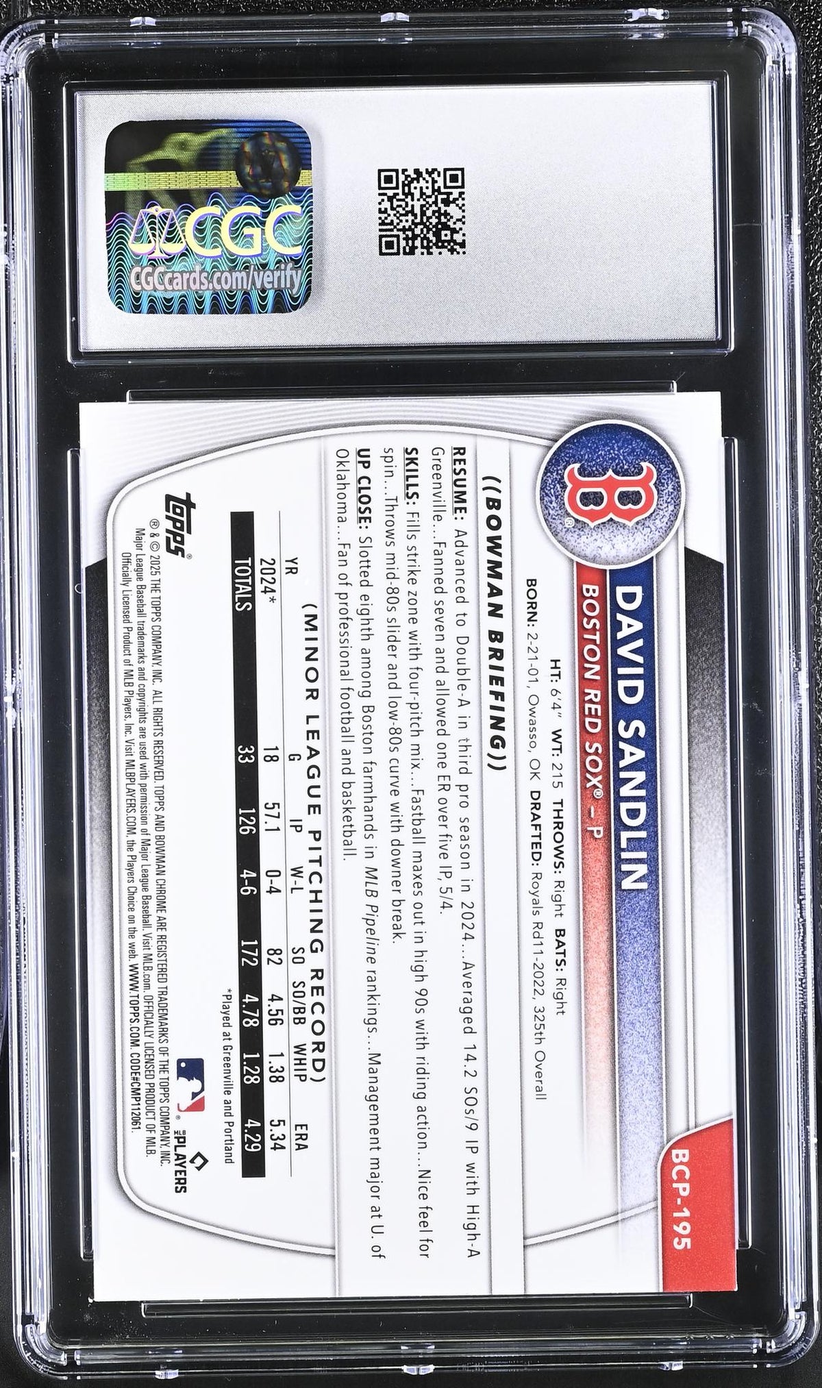 2025 Bowman Chrome Sapphire #BCP-195 David Sandlin Prospects /75 CGC 10