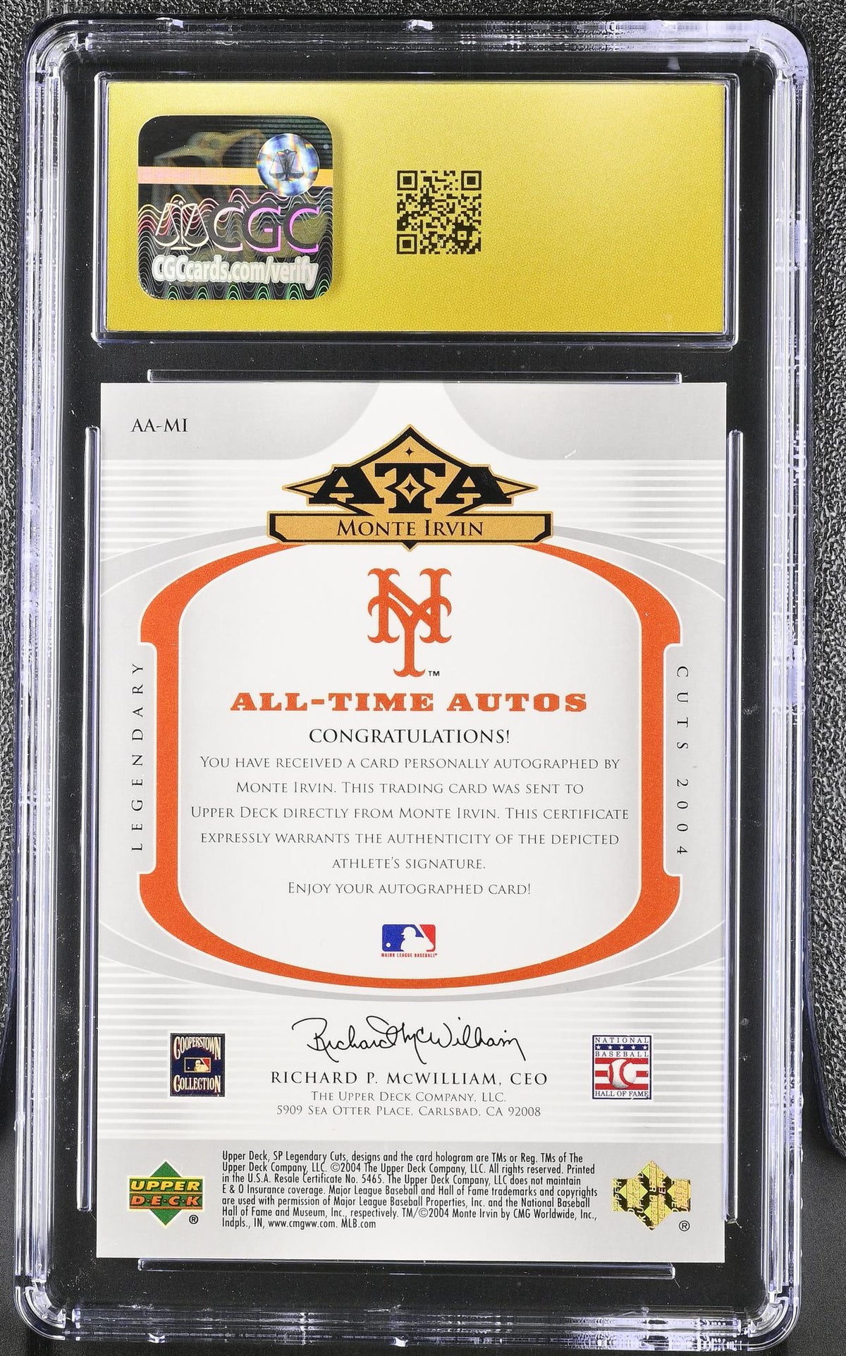 2004 SP Legendary Cuts #AA-MI Monte Irvin All-Time Autographs /50 Auto CGC 10