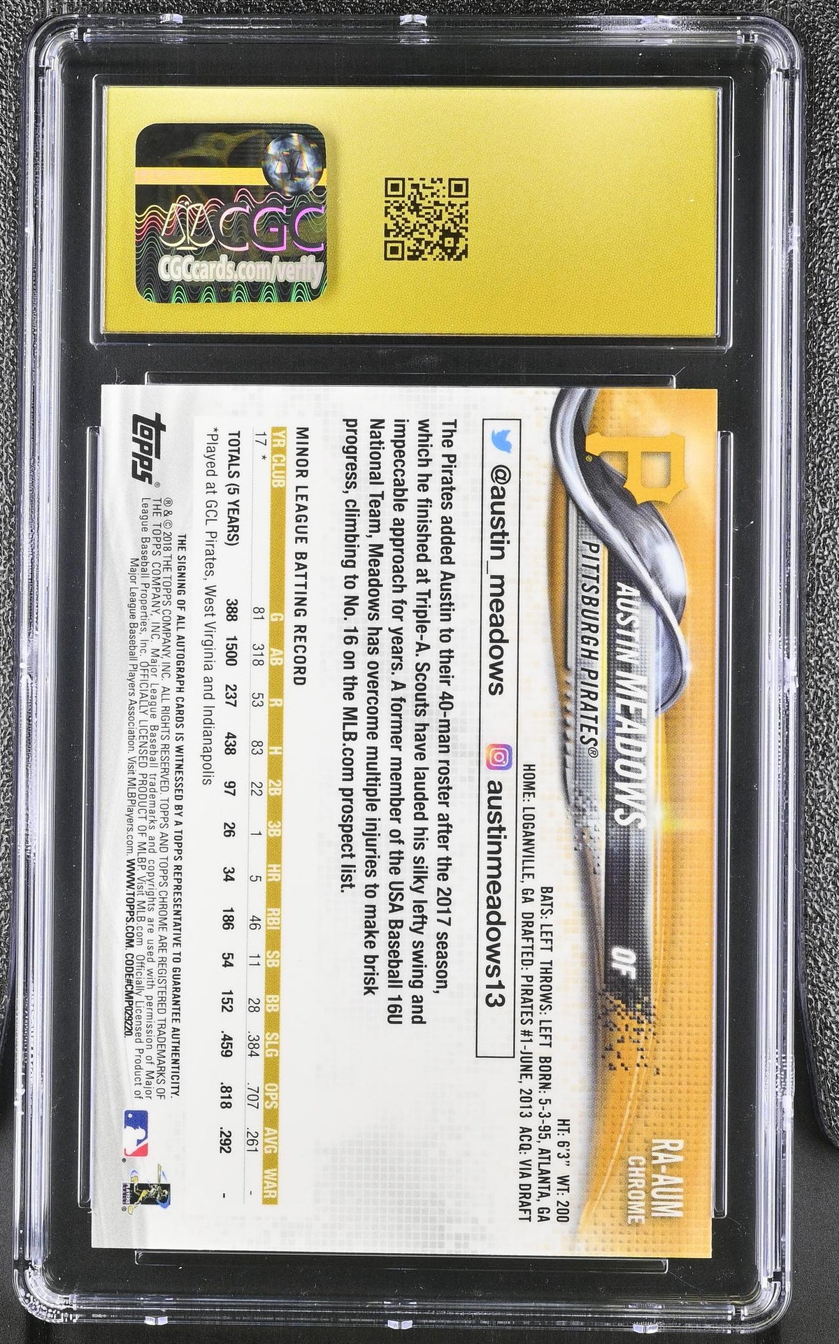 2018 Topps Chrome #RA-AUM Austin Meadows Rookie Autographs Auto CGC 10