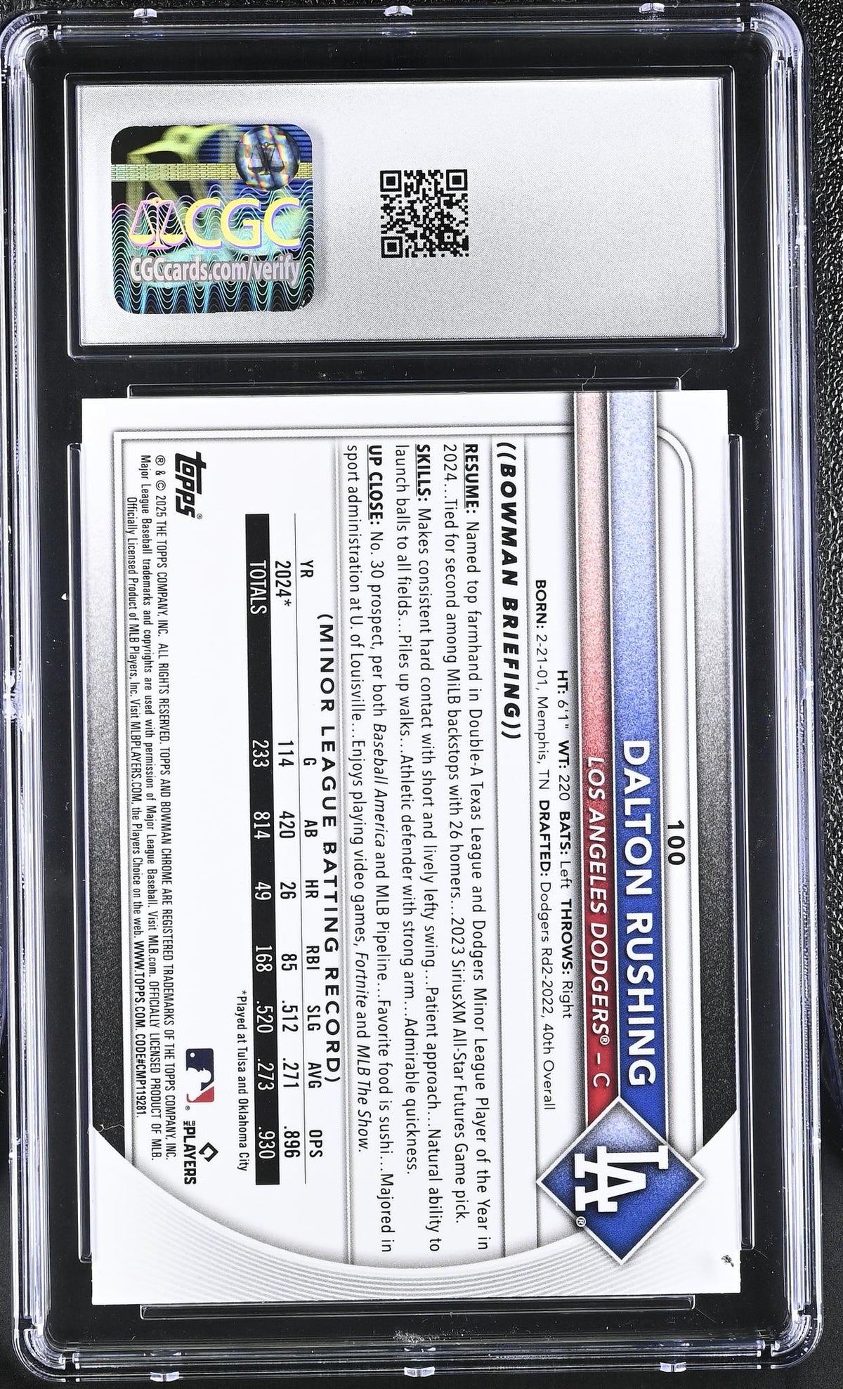 2025 Bowman Chrome #100 Dalton Rushing Red Rookie Redemption CGC 9.5