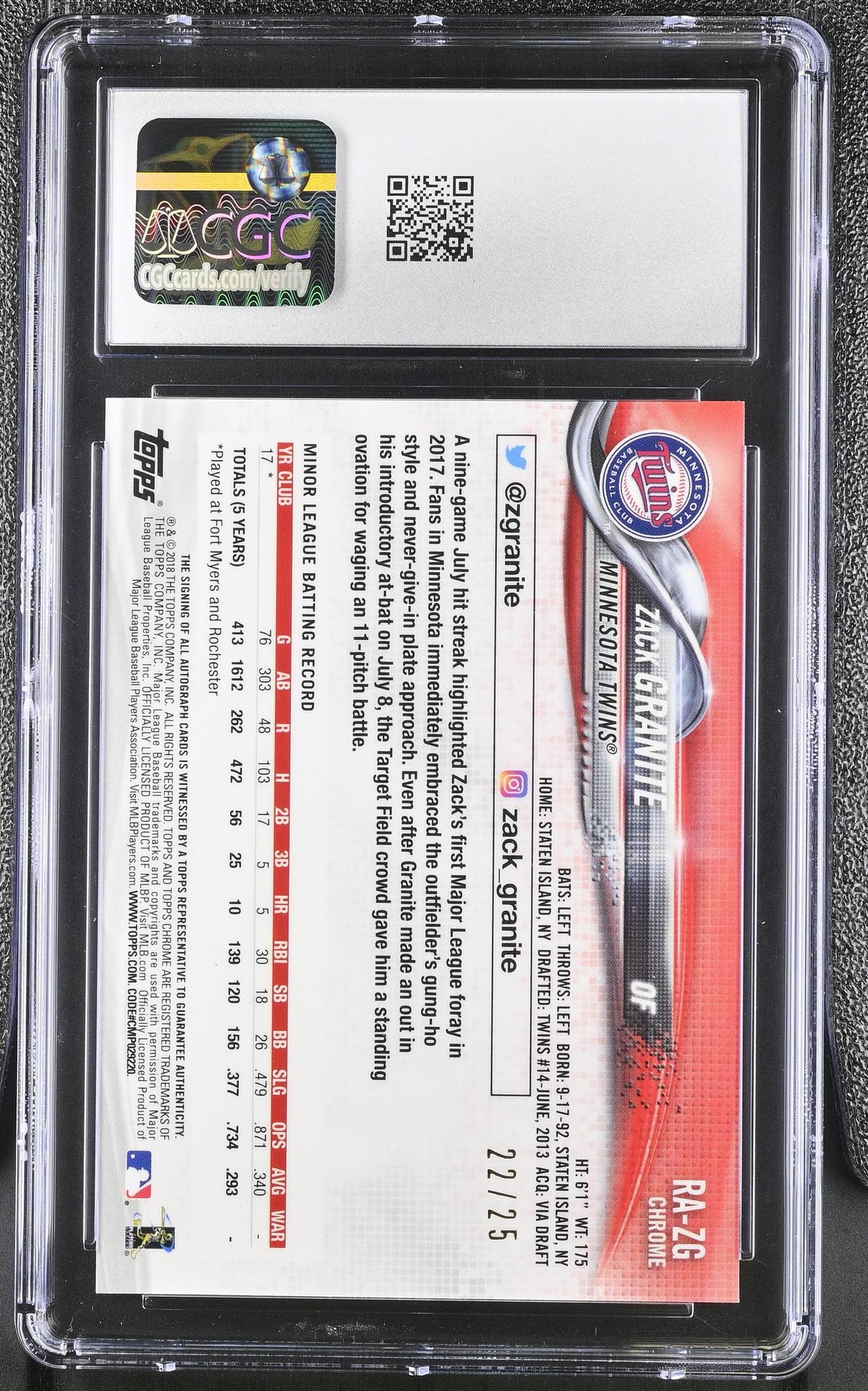 2018 Topps Chrome #RA-ZG Zack Granite Rookie Autographs /25 Auto CGC 9