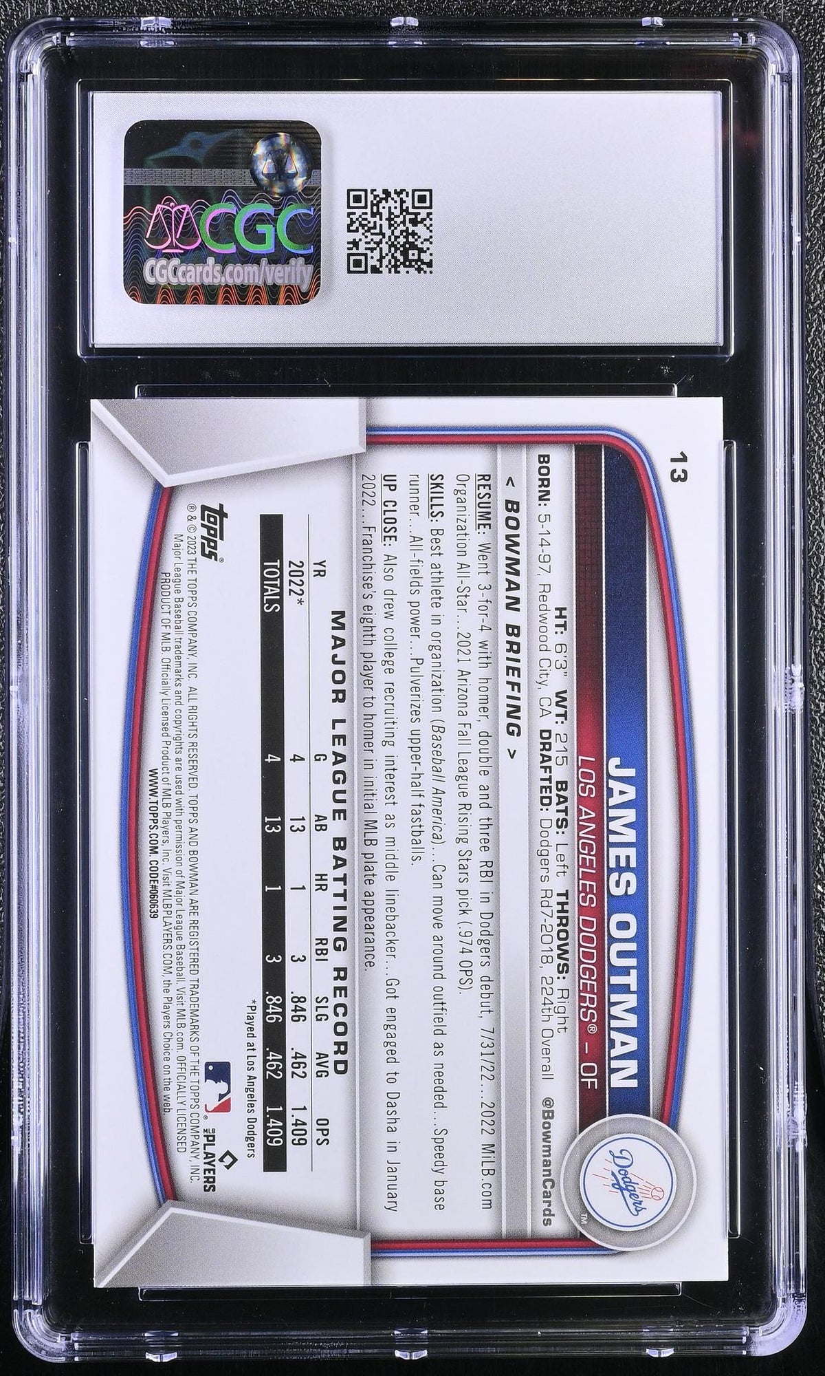 2023 Bowman #13 James Outman /75 CGC 10