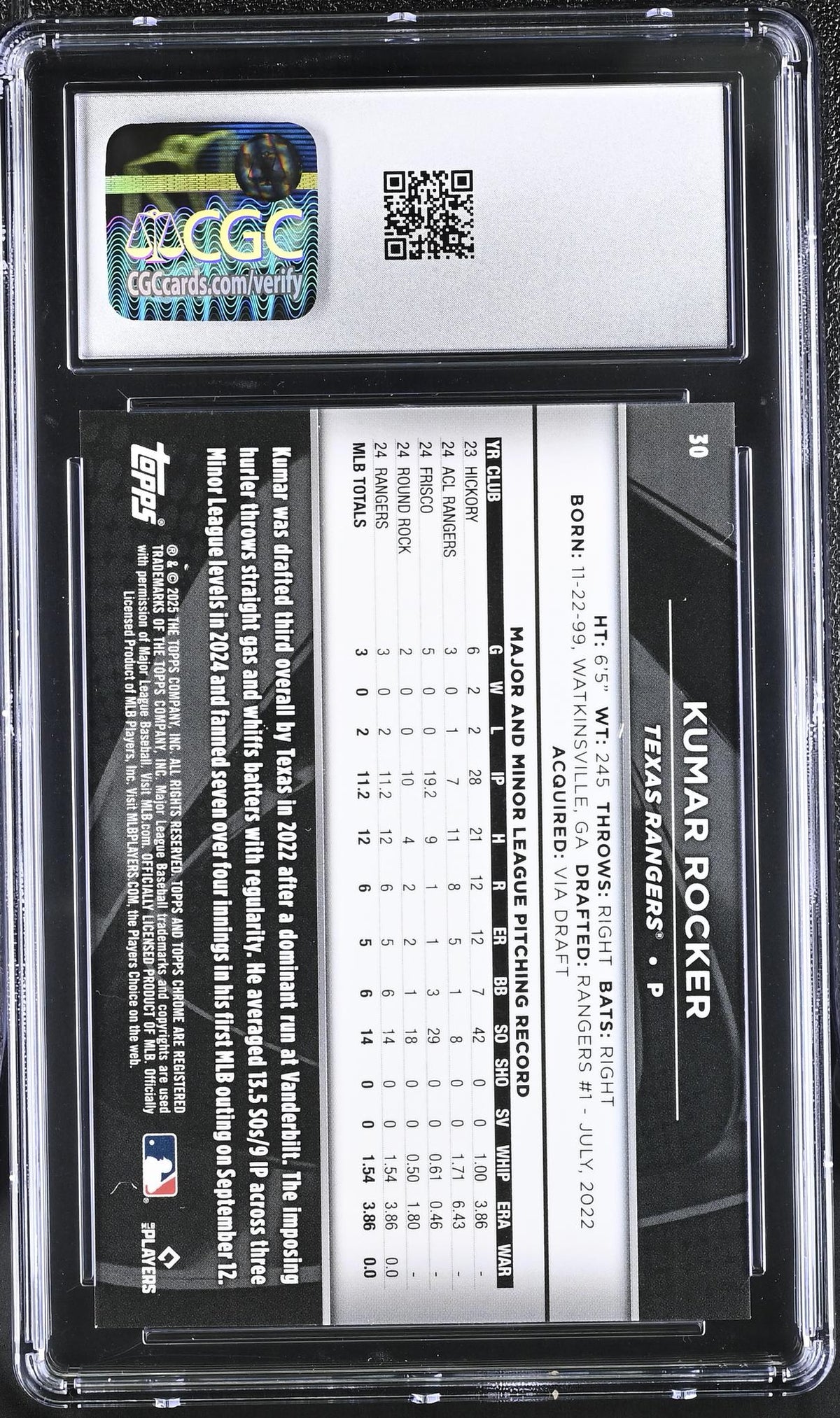 2025 Topps Chrome Black #30 Kumar Rocker Rookie Design Variation CGC 10