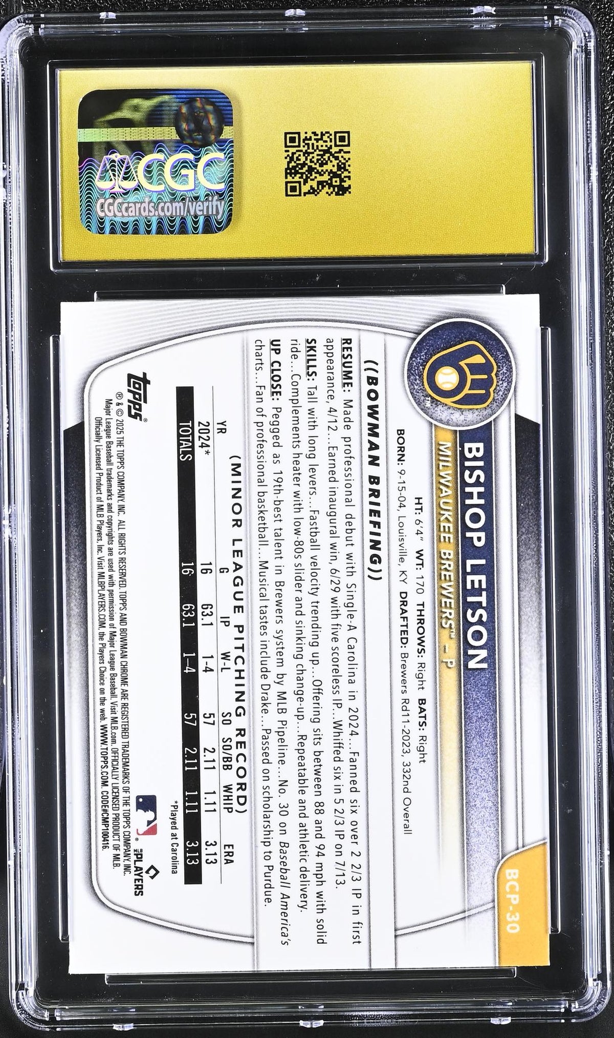 2025 Bowman Sapphire #BCP-30 Bishop Letson CGC 10