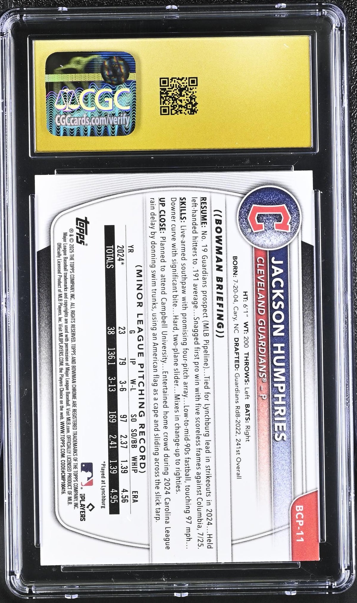 2025 Bowman #BCP-11 Jackson Humphries Chrome Prospects /150 CGC 10