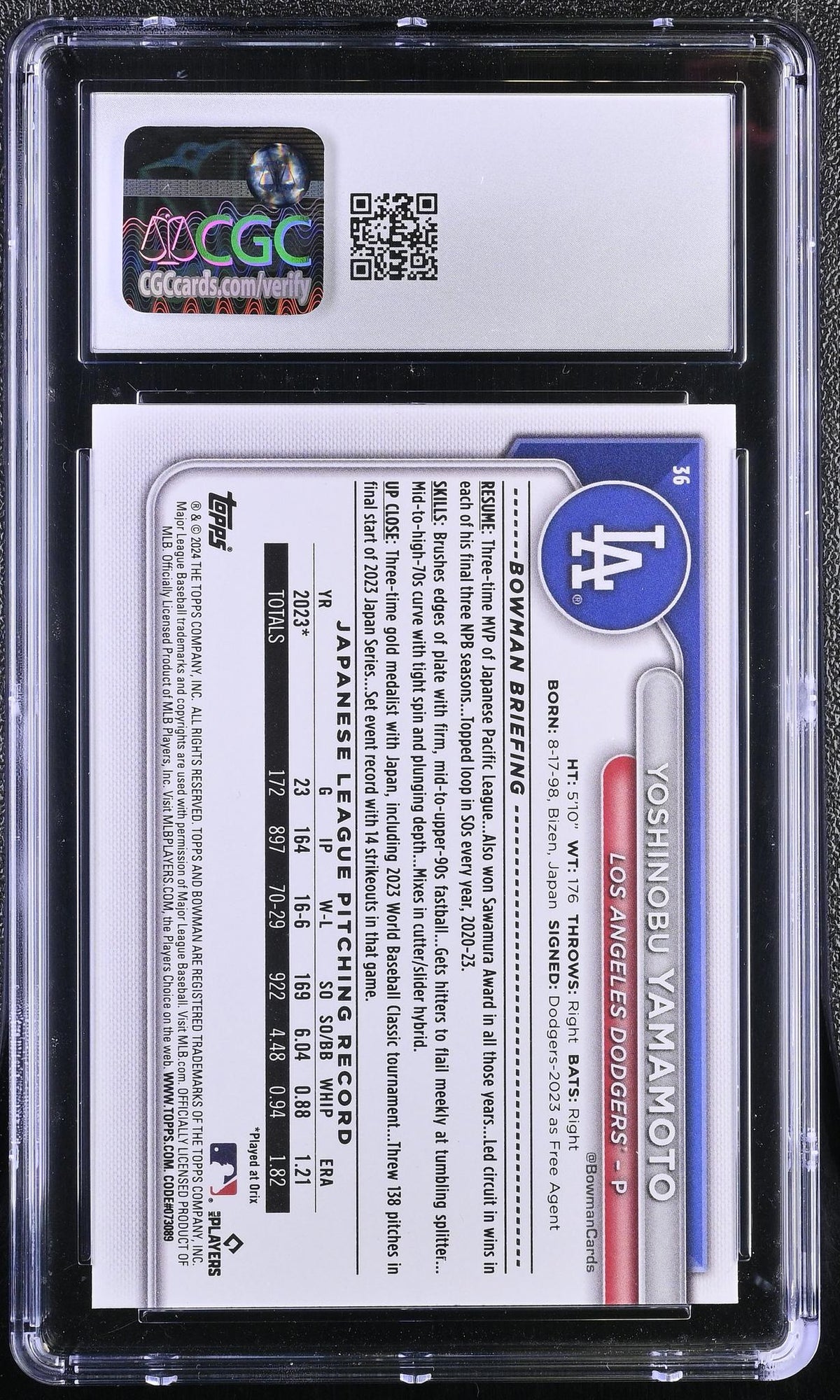 2024 Bowman #36 Yoshinobu Yamamoto CGC 10