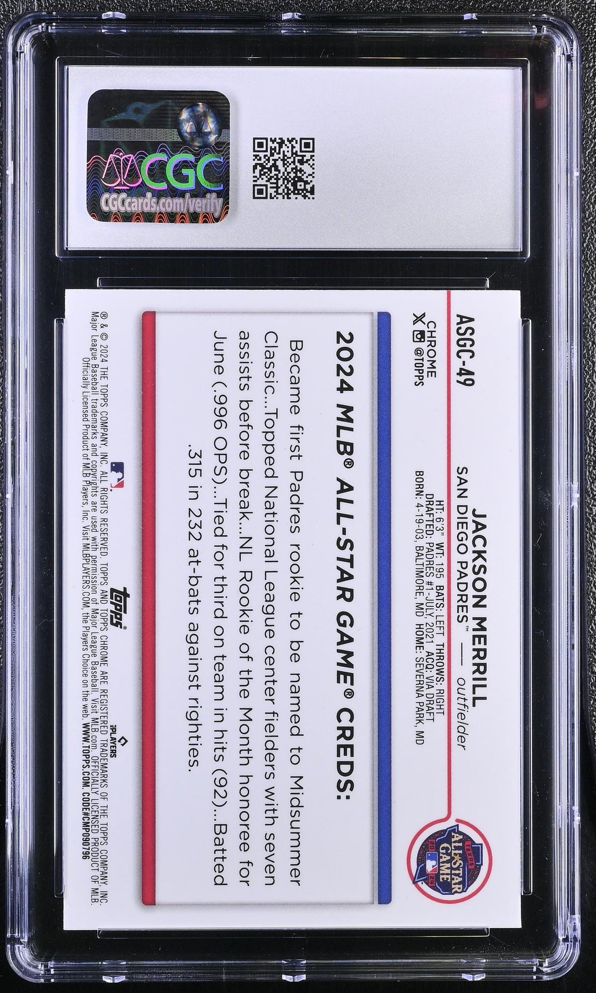 2024 Topps Chrome #ASGC-49 Jackson Merrill All-Star Game CGC 9