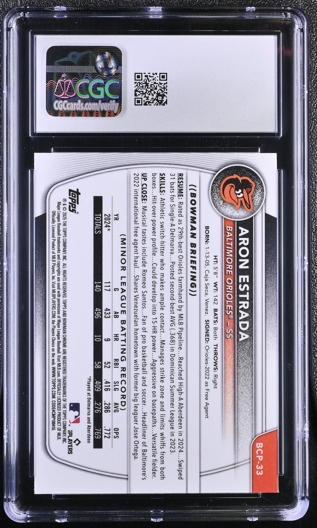 2025 Bowman #BCP-33 Aron Estrada Chrome Prospects CGC 10