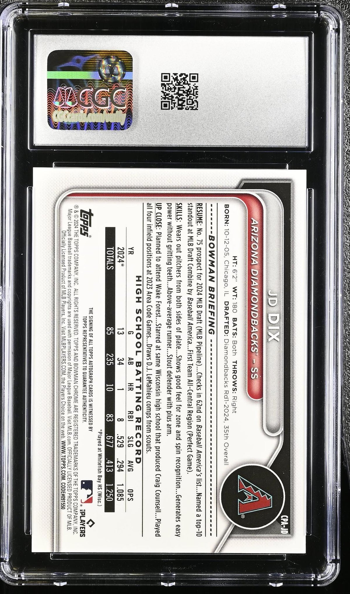 2024 Bowman #CPA-JD Dix Chrome Prospect Autographs Auto CGC 9
