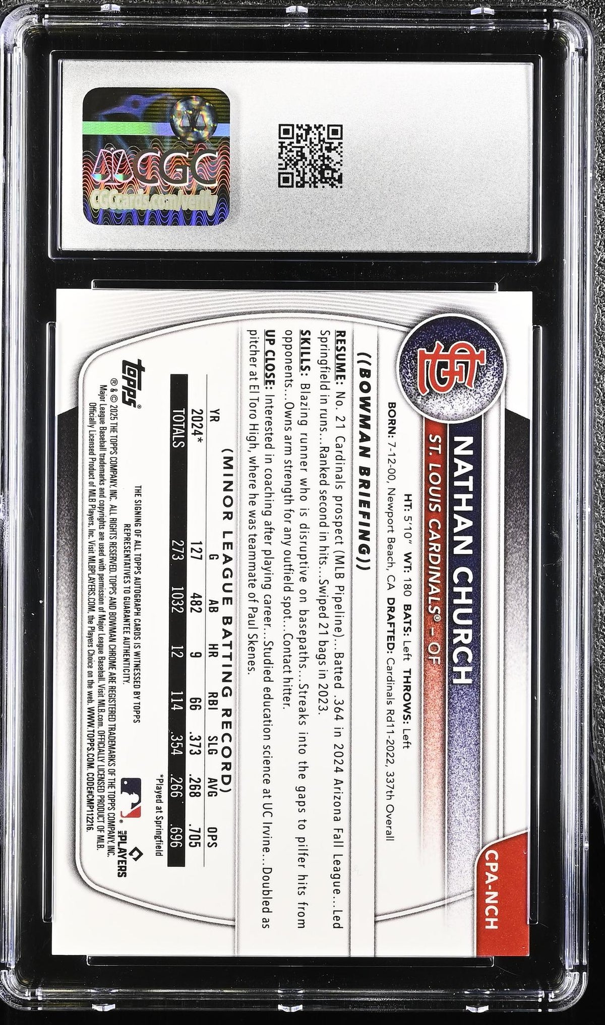2025 Bowman Chrome #CPA-NCH Nathan Church Prospect Autographs Auto CGC 9