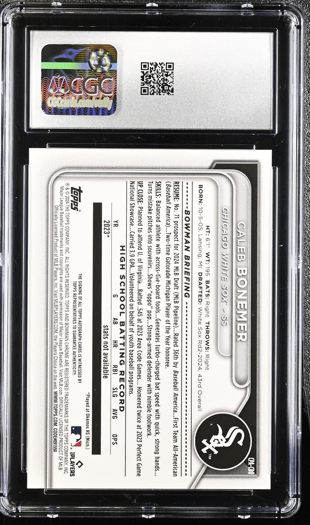 2024 Bowman #CPA-CBO Caleb Bonemer Chrome Prospect Autographs Auto CGC 9