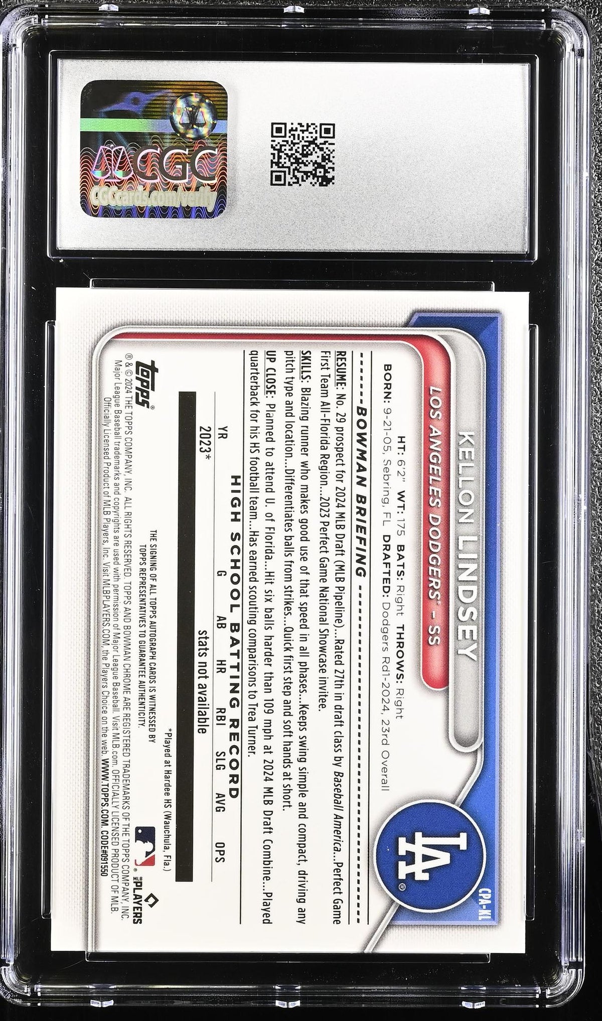 2024 Bowman Draft #CPA-KL Kellon Lindsey Chrome Prospect Autographs Auto CGC 10