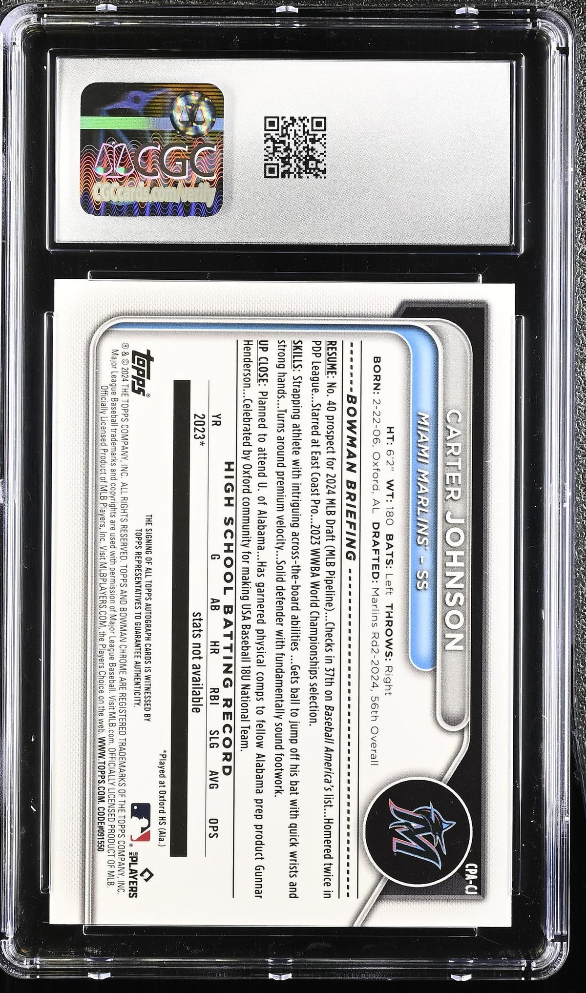 2024 Bowman # Carter Johnson Chrome Prospect Autographs 150/150 Auto CGC 10