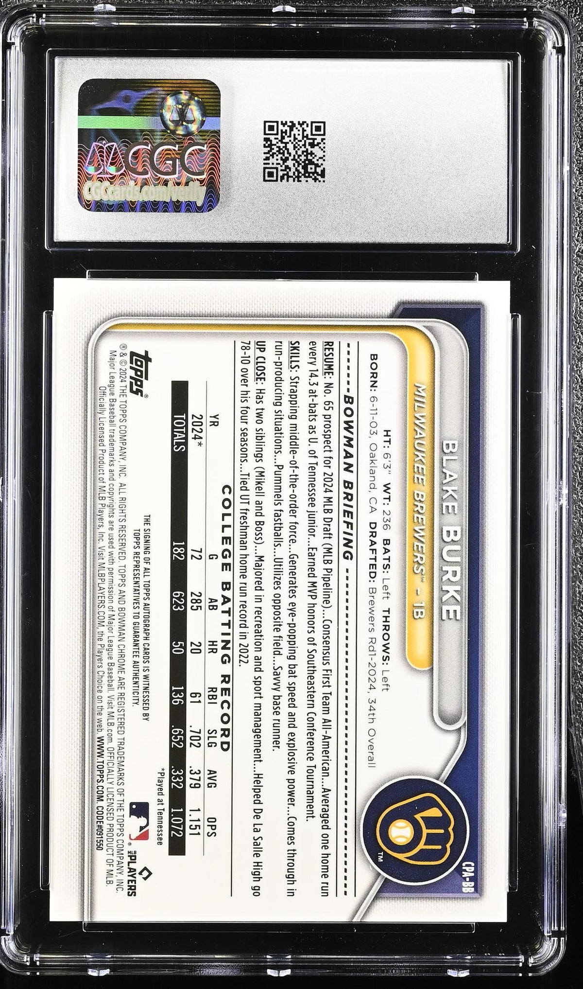 2024 Bowman #CPA-BB Blake Burke Chrome Prospect Autographs Auto CGC 9
