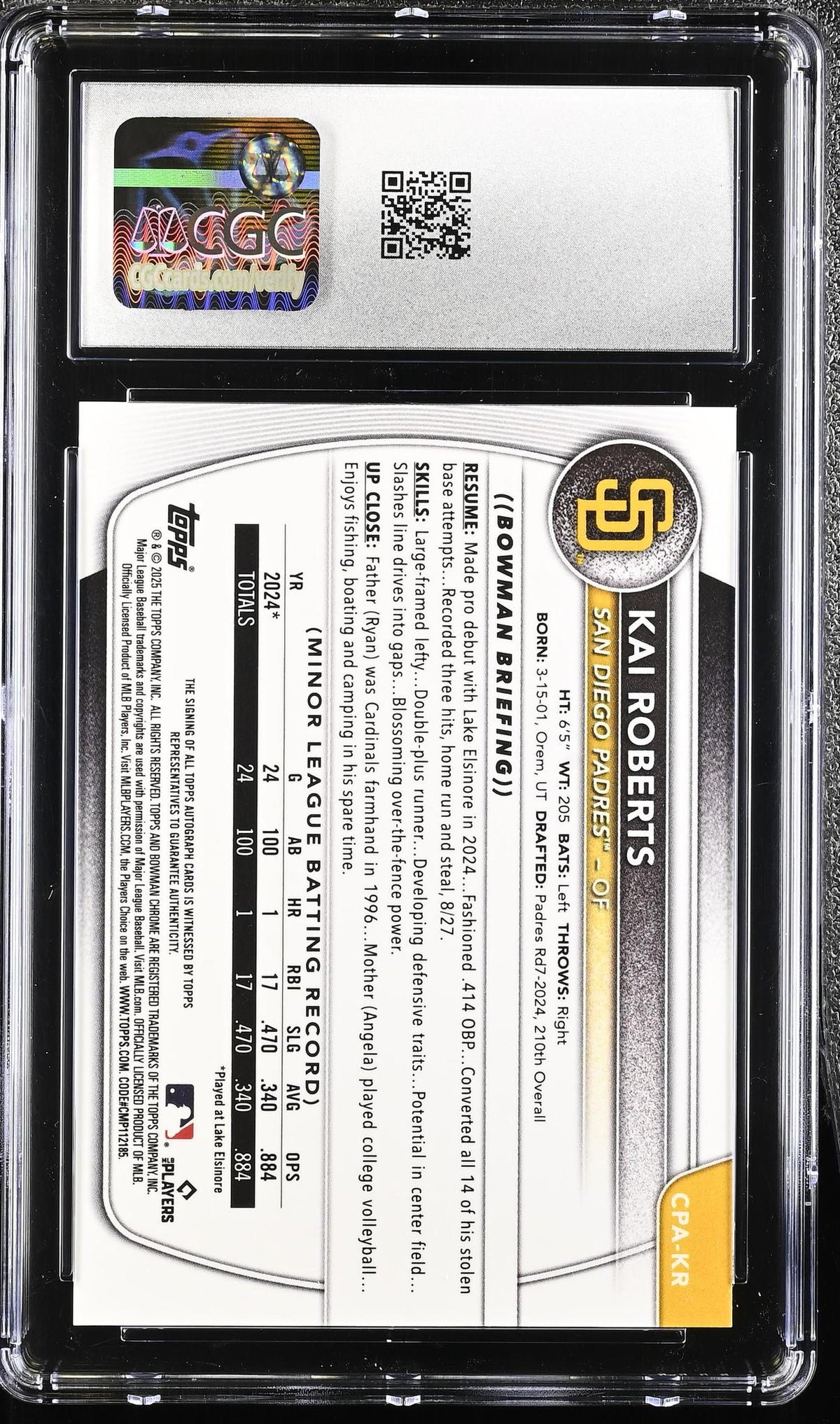 2025 Bowman Chrome #CPA-KR Kai Roberts Prospect Autographs /20 Auto CGC 10
