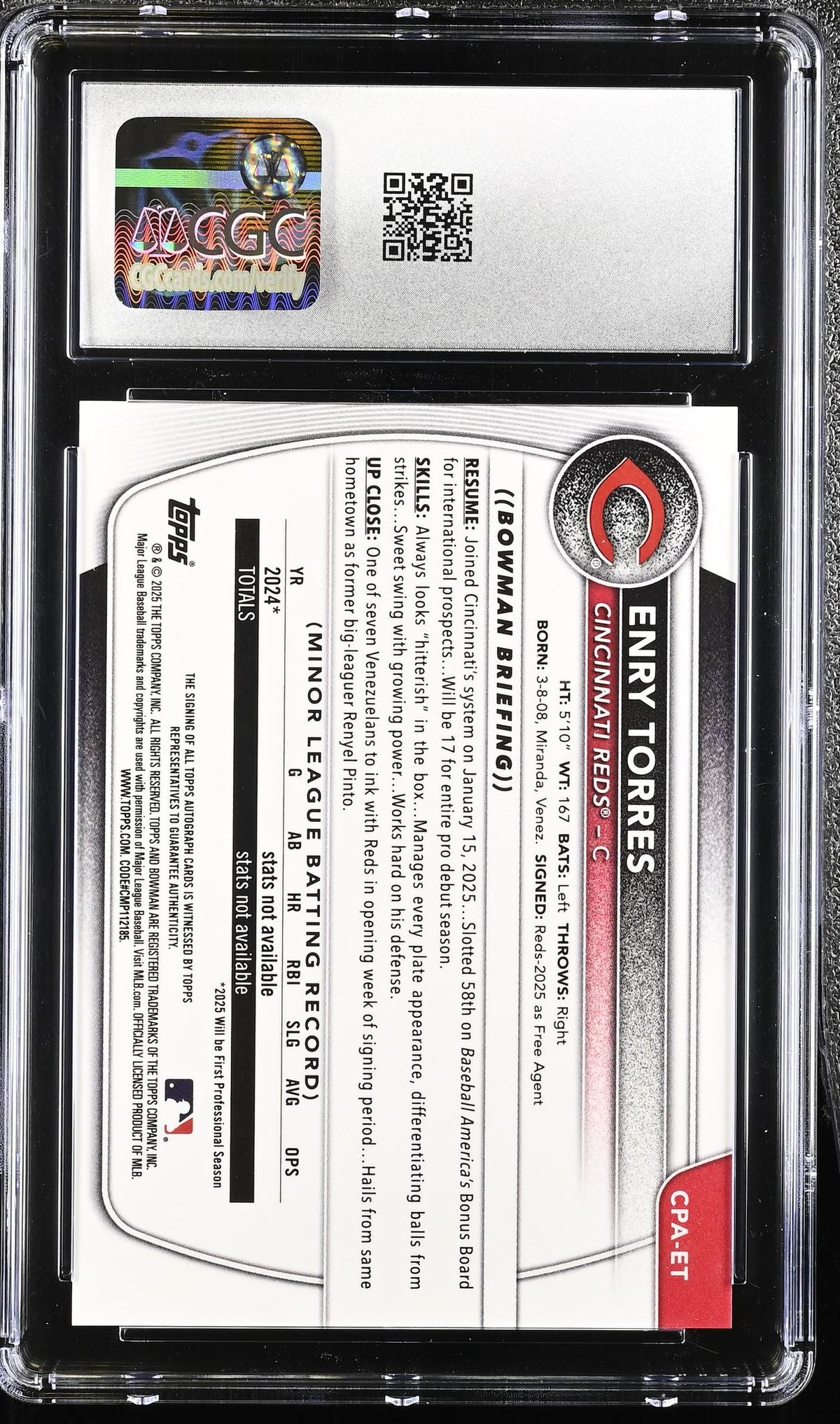 2025 Bowman Chrome #CPA-ET Enry Torres Prospect Autographs /250 Auto CGC 8