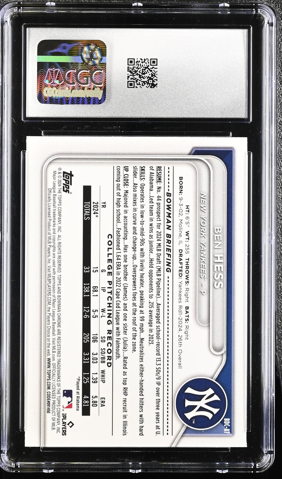 2024 Bowman Draft Chrome #BDC-87 Ben Hess Purple Refractor CGC 10