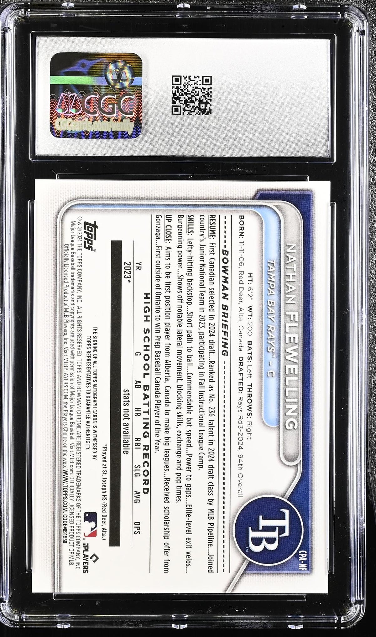 2024 Bowman Draft # Nathan Flewelling Chrome Prospect Autographs Auto CGC 9