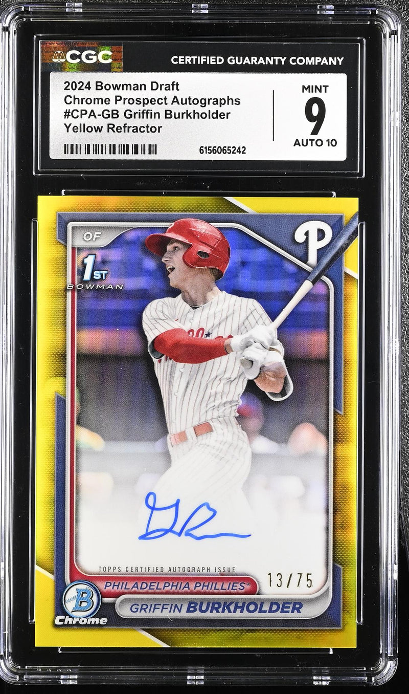 2024 Bowman Draft Chrome Prospect Autographs Griffin Burkholder #CPA-GB Yellow Refractor Auto /75 CGC 9