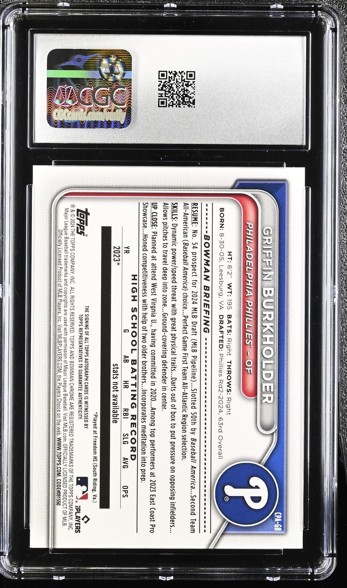 2024 Bowman Draft # Griffin Burkholder Chrome Prospect Autographs /75 Auto CGC 9