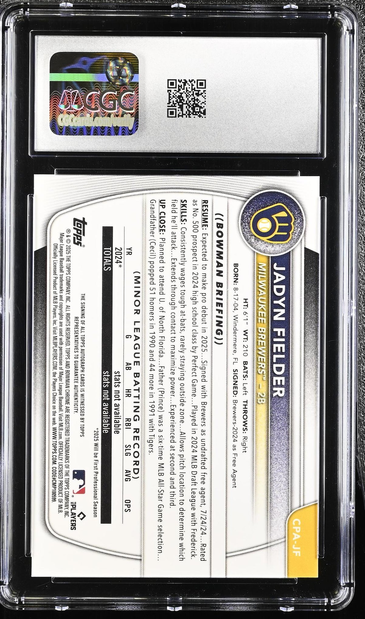 2025 Bowman Chrome #CPA-JF Jadyn Fielder Chrome Prospects Autographs Auto CGC 9