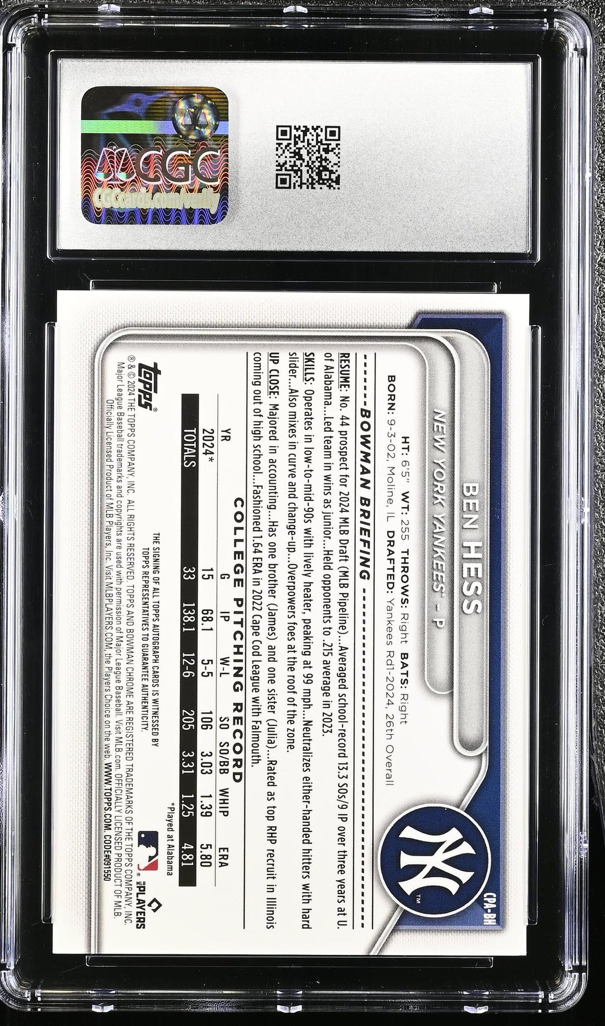 2024 Bowman #CPA-BH Ben Hess Chrome Prospect Autographs Auto CGC 9