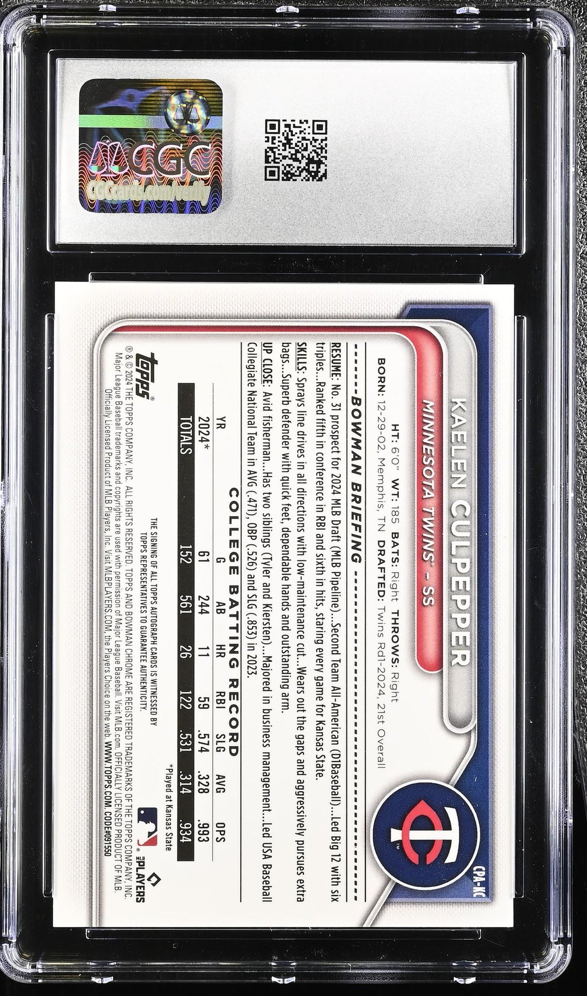 2024 Bowman Draft # Kaelen Culpepper Chrome Prospect Autographs Auto CGC 10