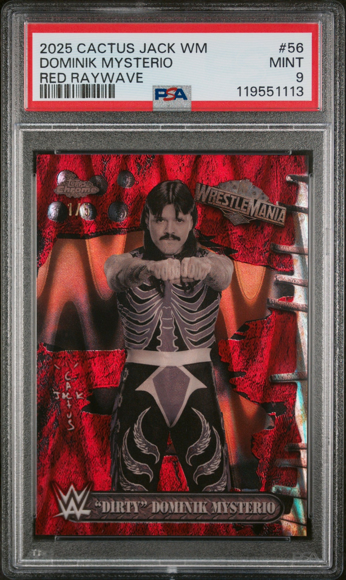 2025 Topps Chrome WWE Cactus Jack X Wrestlemania Red Raywave Dirty Dominik Mysterio #56 /5 PSA 9 119551113