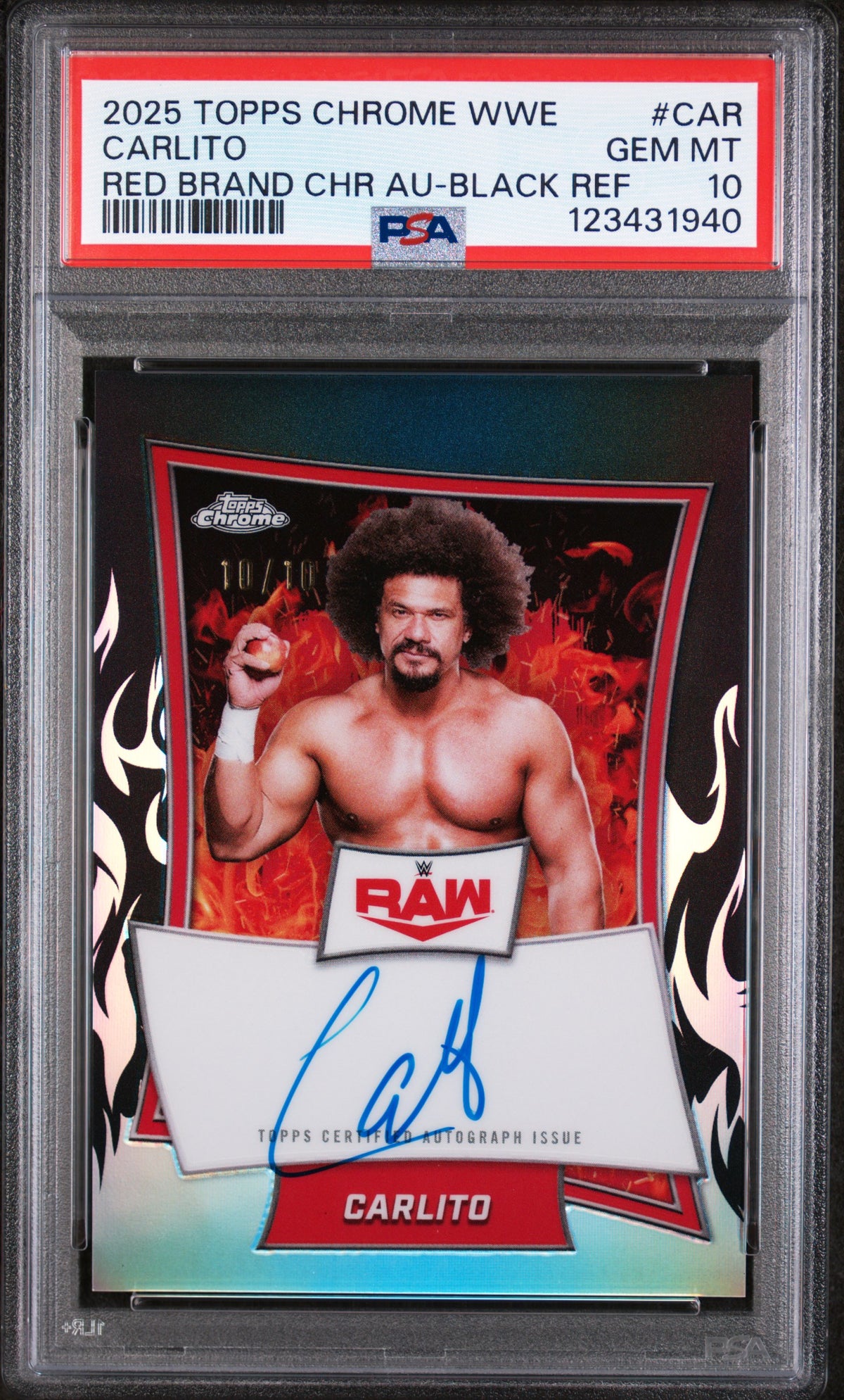 2025 Topps Chrome WWE Carlito #CAR Red Brand Auto-Black Ref /10 PSA 10