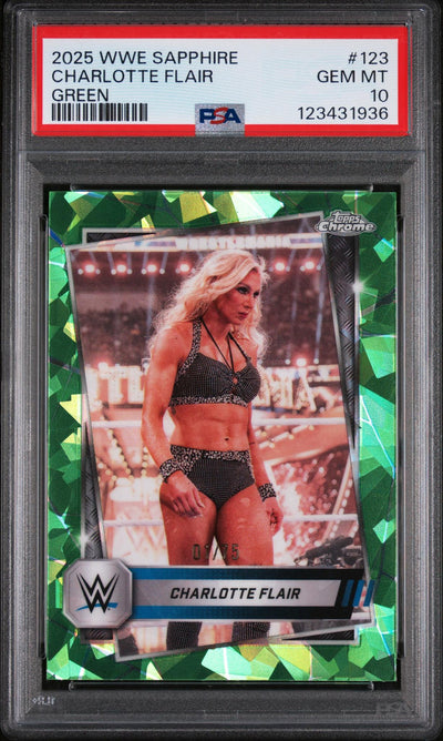 2025 Topps Chrome WWE Sapphire Charlotte Flair #123 Green /75 PSA 10