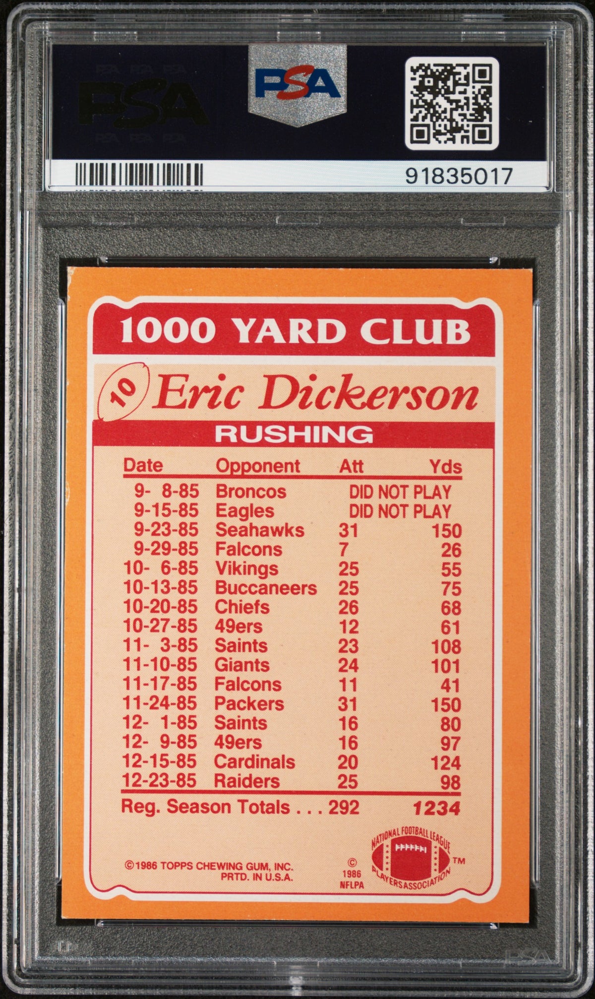 1986 Topps 1000 Yard Club Eric Dickerson #10 PSA 6