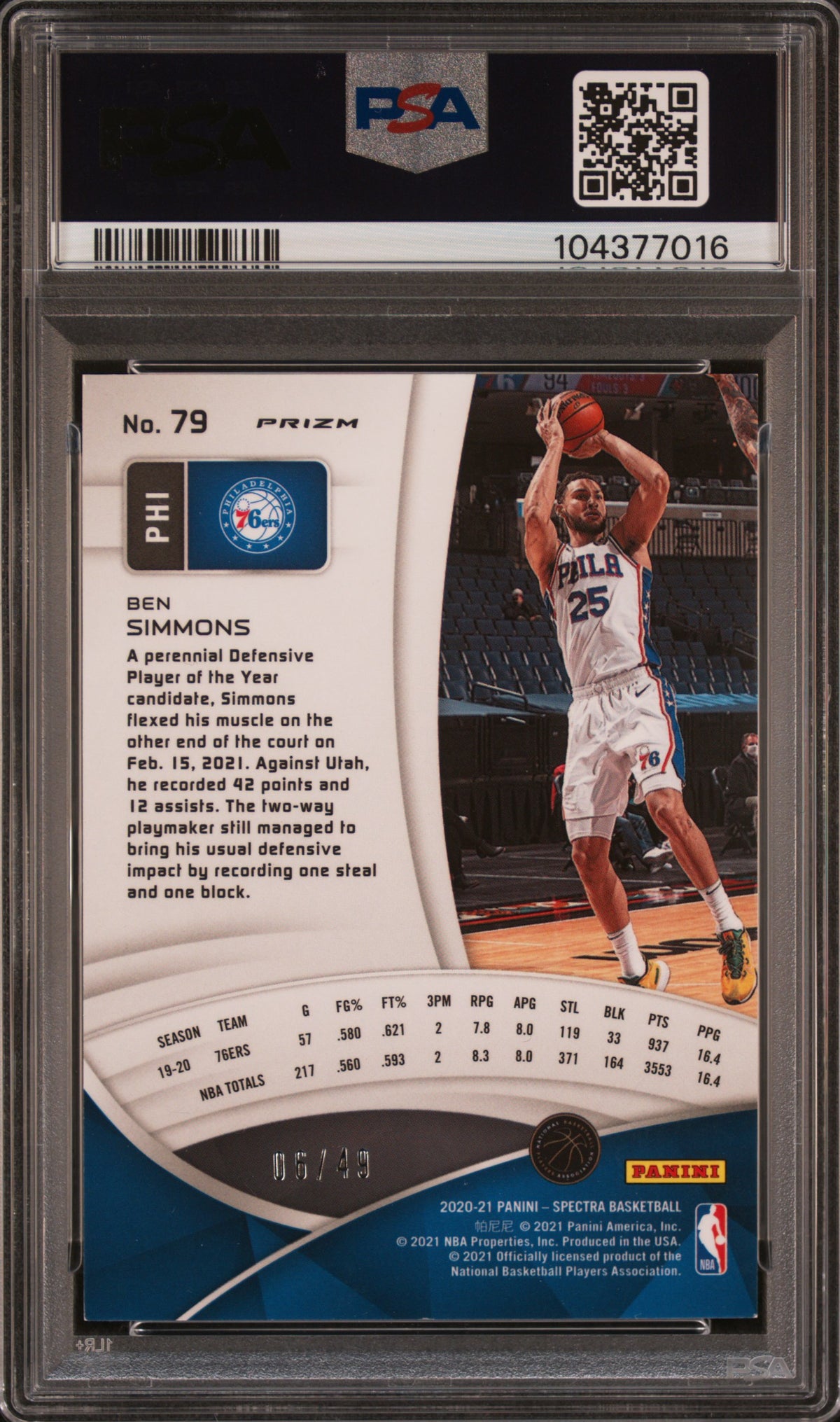 2020 Panini Spectra Interstellar Ben Simmons #79 /49 PSA 6