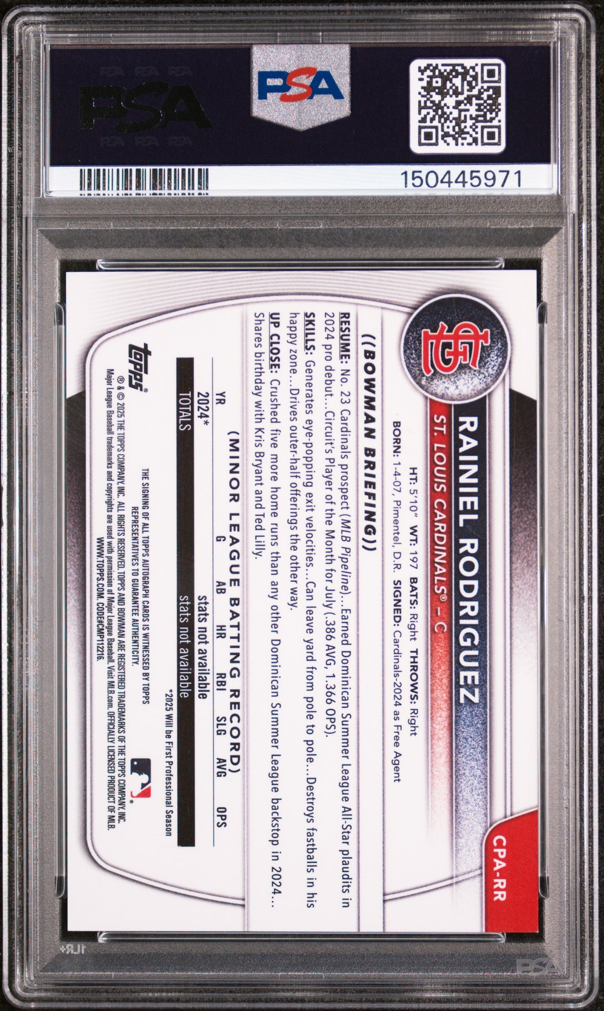 2025 Bowman Chrome Prospect Autograph Speckle Refractor Rainiel Rodriguez #CPA-RR /299 PSA 9