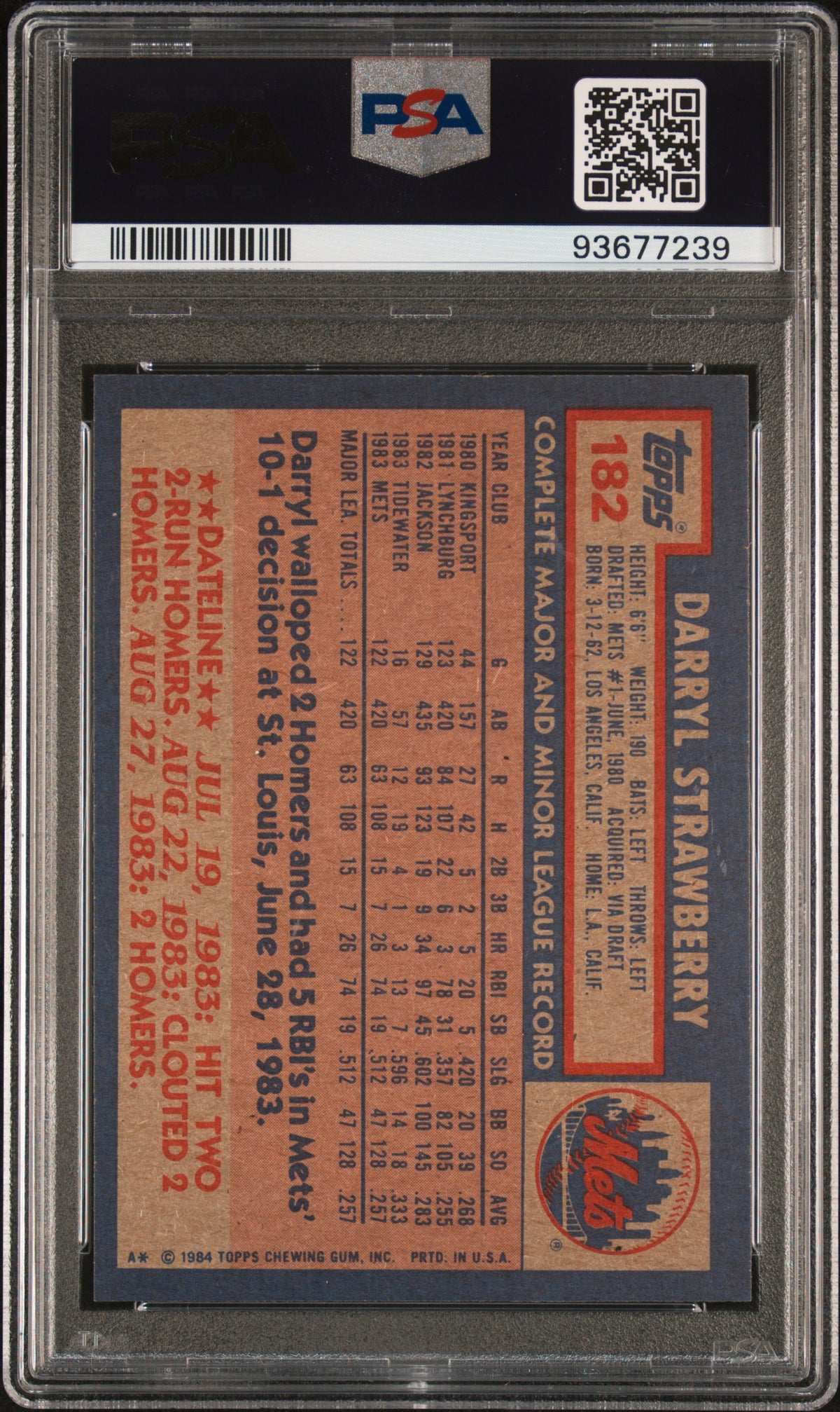 1984 Topps Darryl Strawberry #182 PSA 7