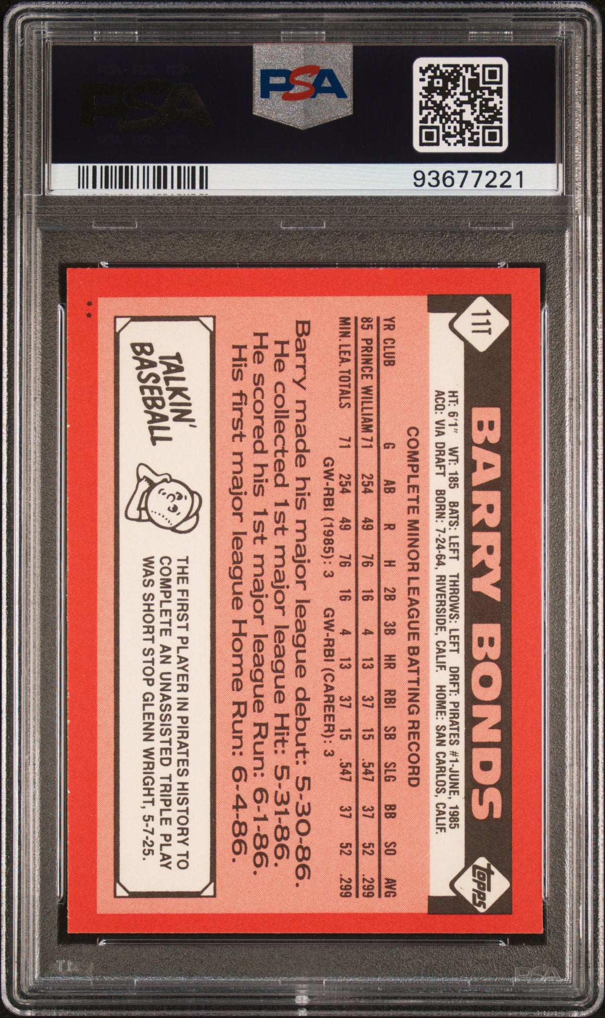 1986 Topps Traded Barry Bonds #11T PSA 7