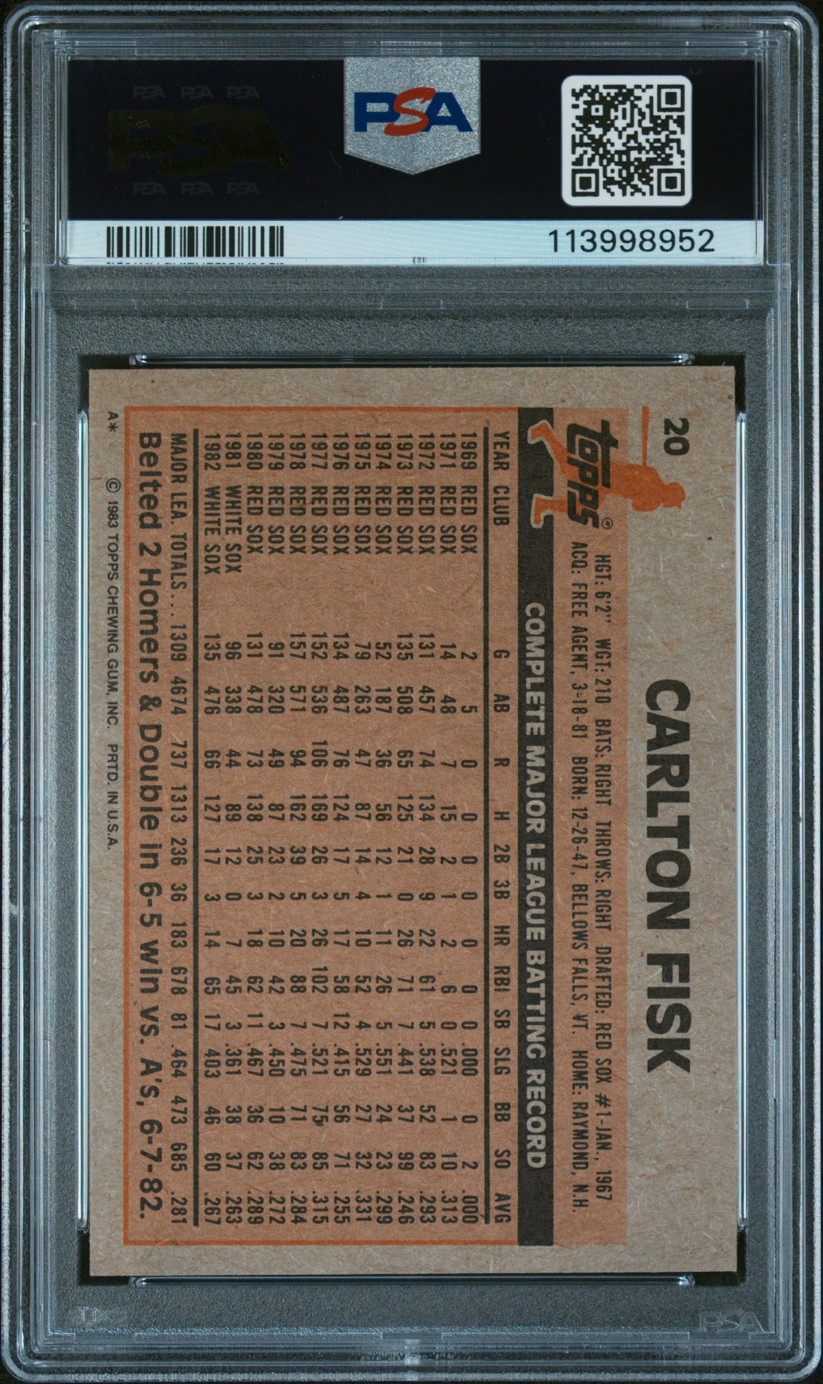 1983 Topps Carlton Fisk #20 PSA 7