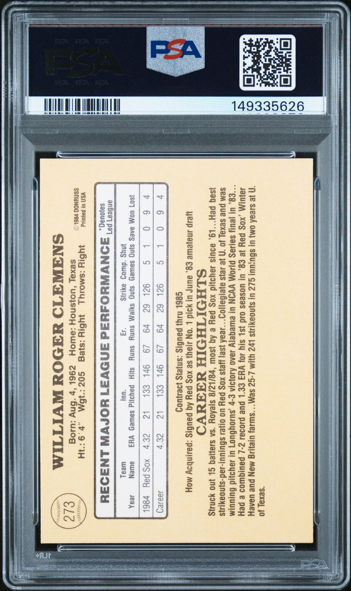 1985 Donruss Roger Clemens #273 PSA 6