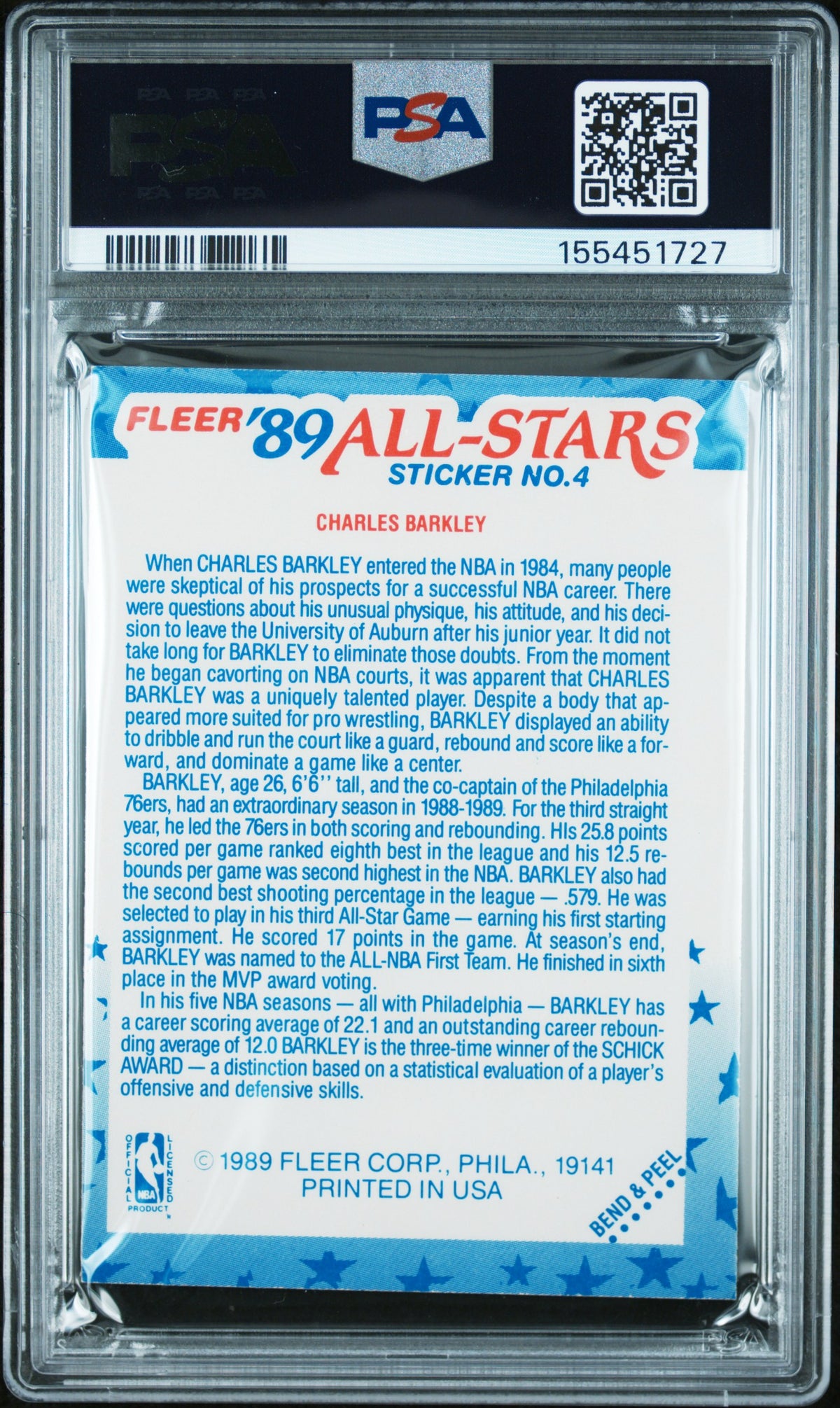 1989 Fleer Stickers Charles Barkley #4 PSA 6