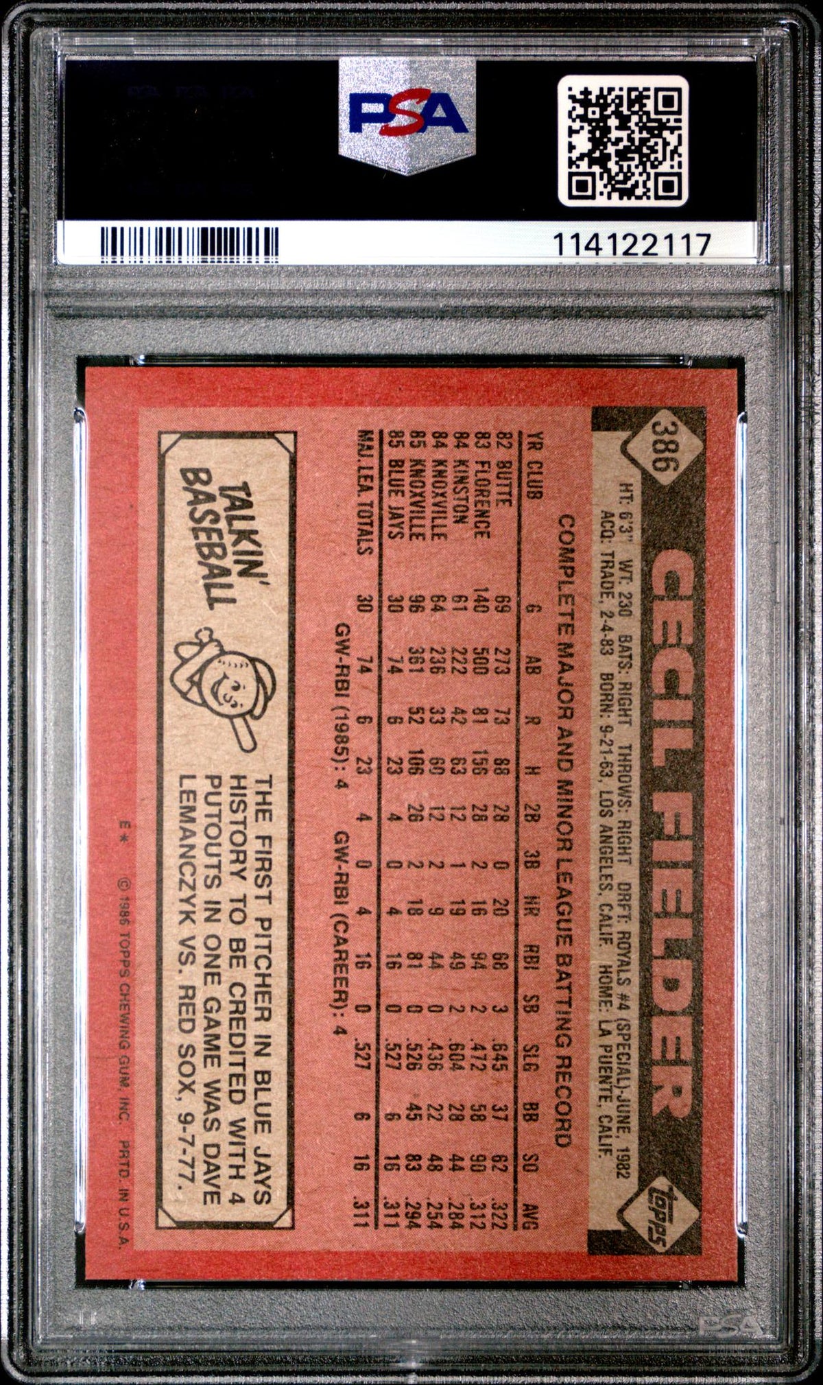1986 Topps Cecil Fielder #386 PSA 7