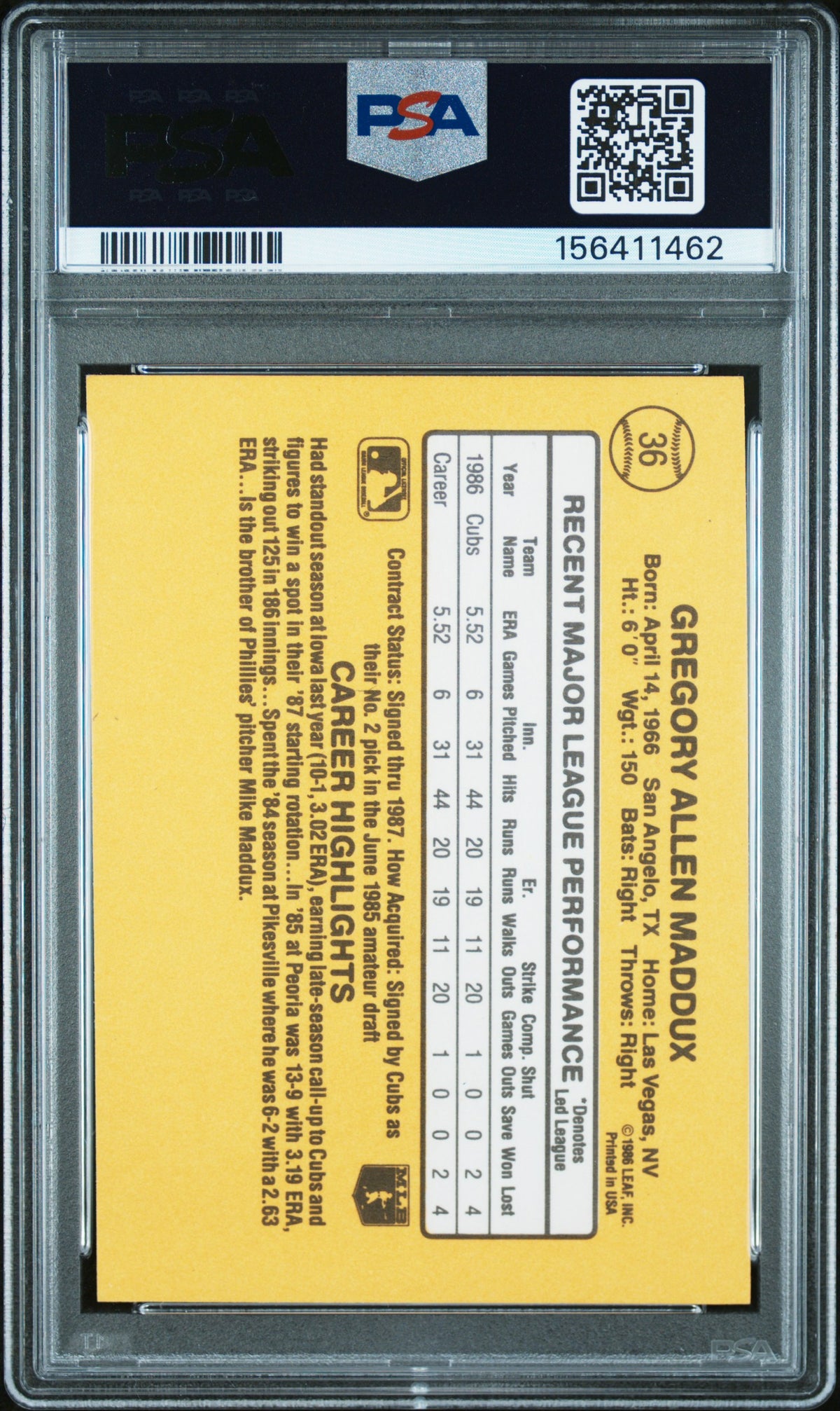 1987 Donruss Rated Rookie Greg Maddux #36 PSA 5