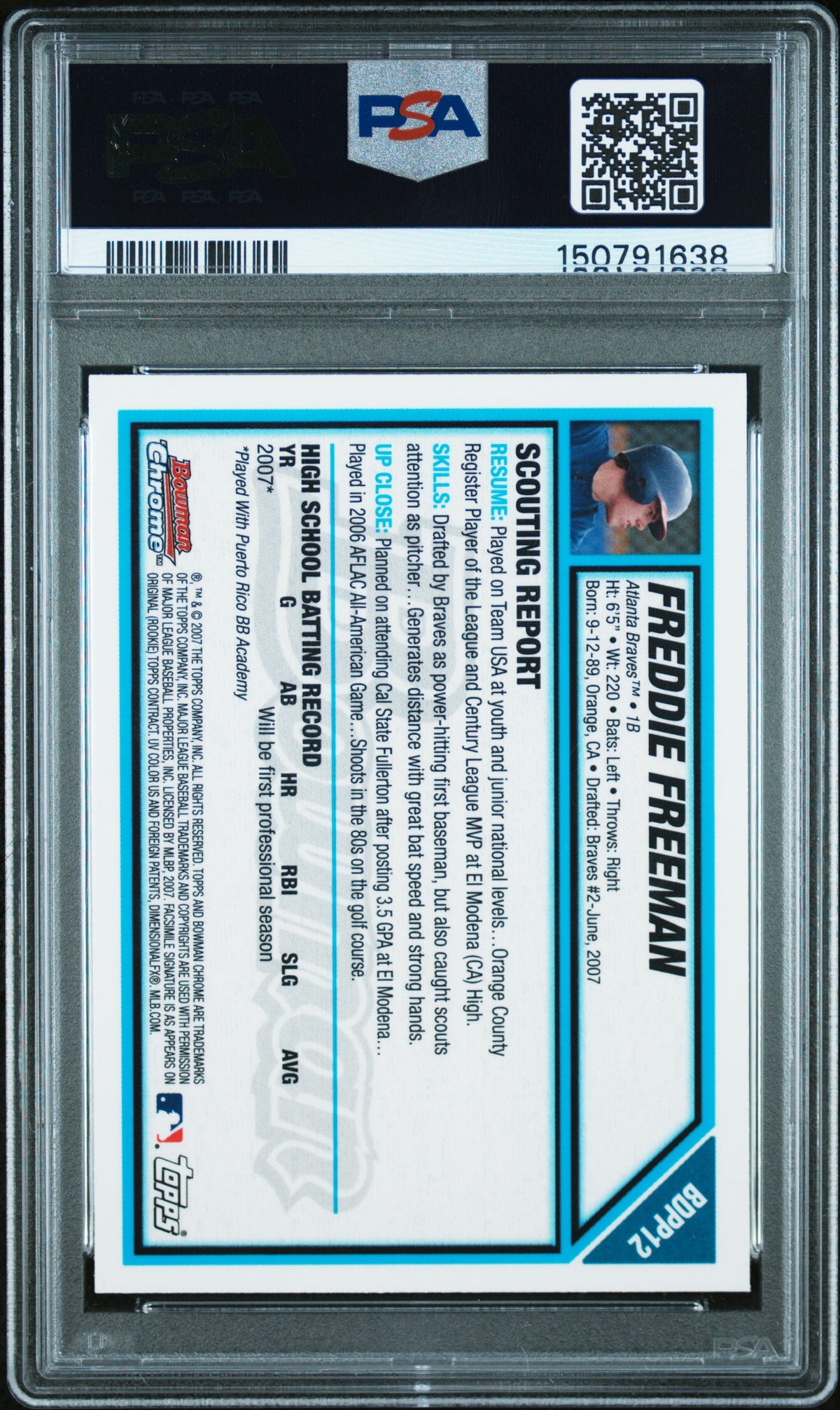 2007 Bowman Draft Picks and Prospects Chrome Freddie Freeman #BDPP12 PSA 6
