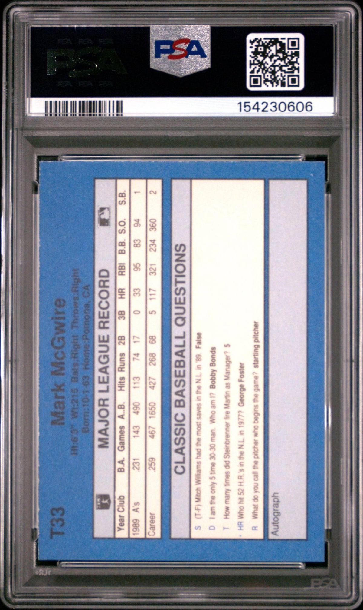 1990 Classic Update Mark Mcgwire #T33 PSA 6