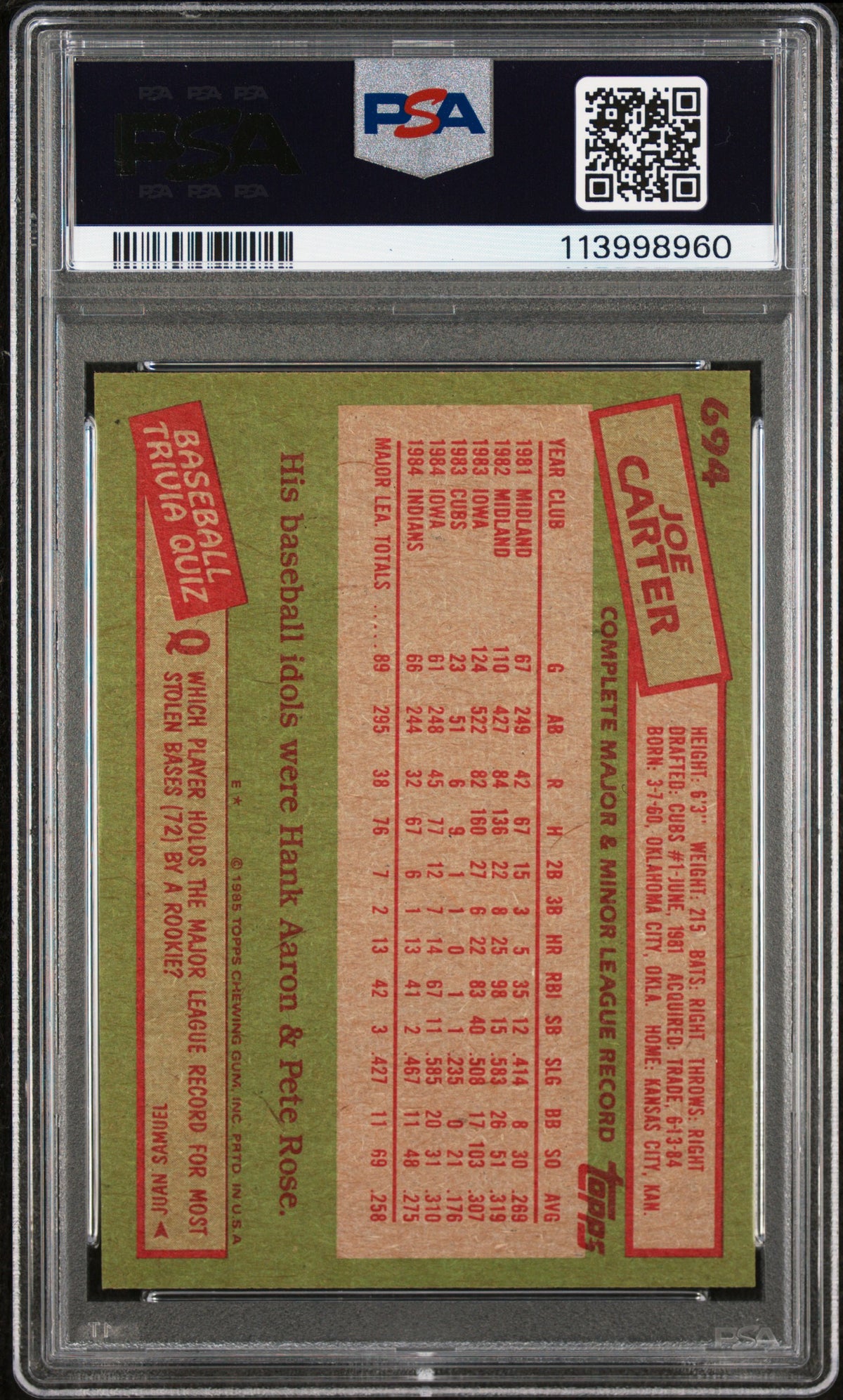 1985 Topps Joe Carter #694 PSA 6