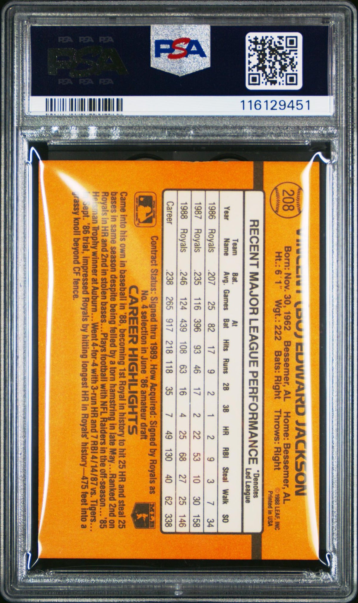 1989 Donruss Bo Jackson #208 PSA 7