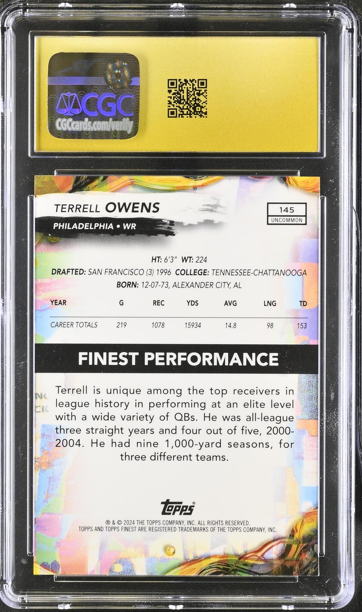 2024 Topps Finest #145 Terrell Owens Purple Checkerboard Refractor CGC 10