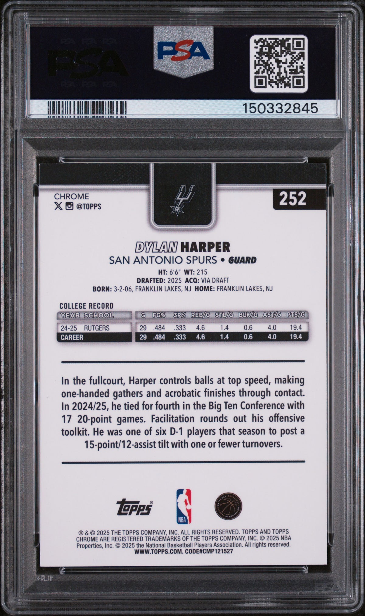 2025 Topps Chrome Image Variations Dylan Harper #252 PSA 10