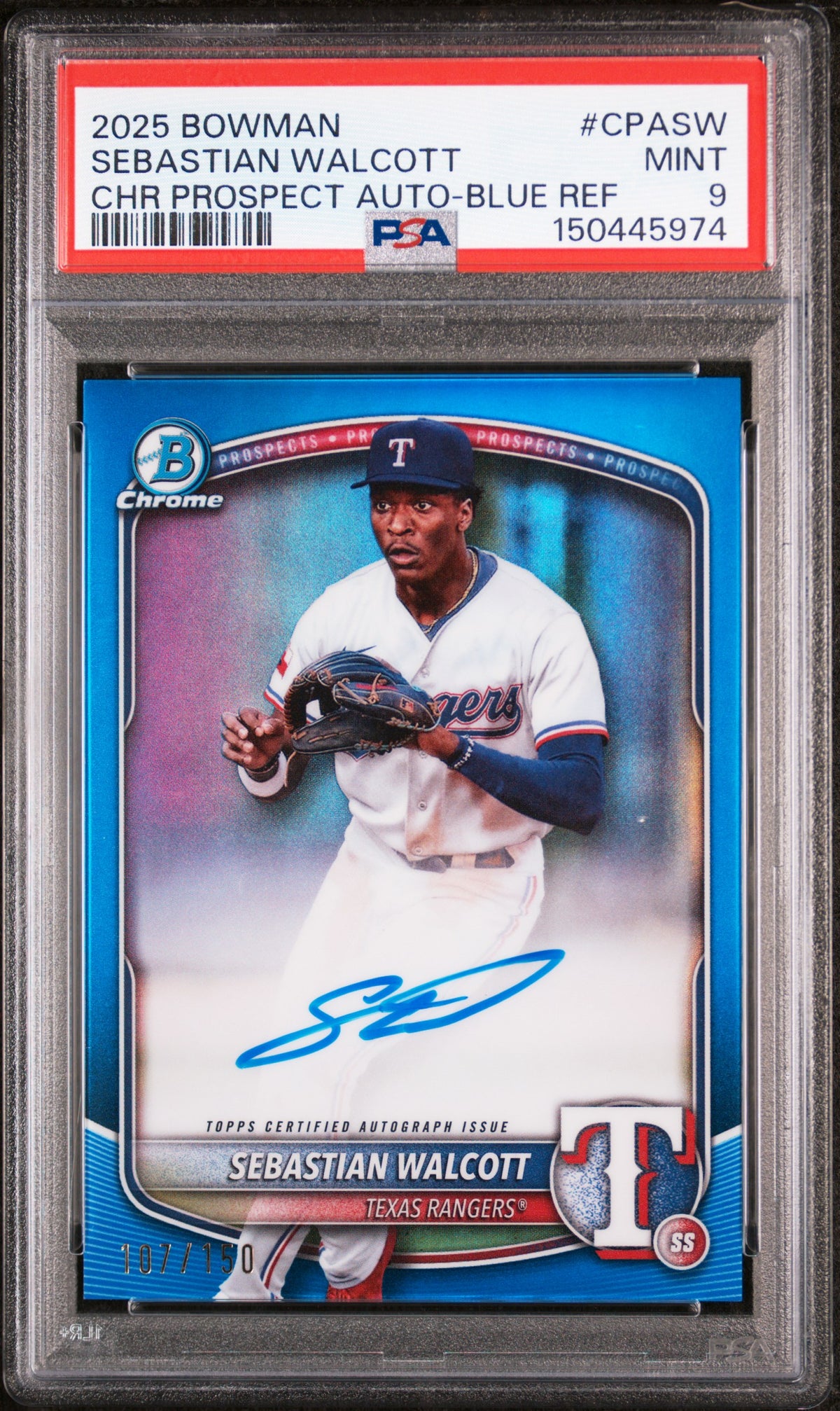 2025 Bowman Chrome Prospect Autographs Blue Refractors Sebastian Walcott #CPASW /150 PSA 9