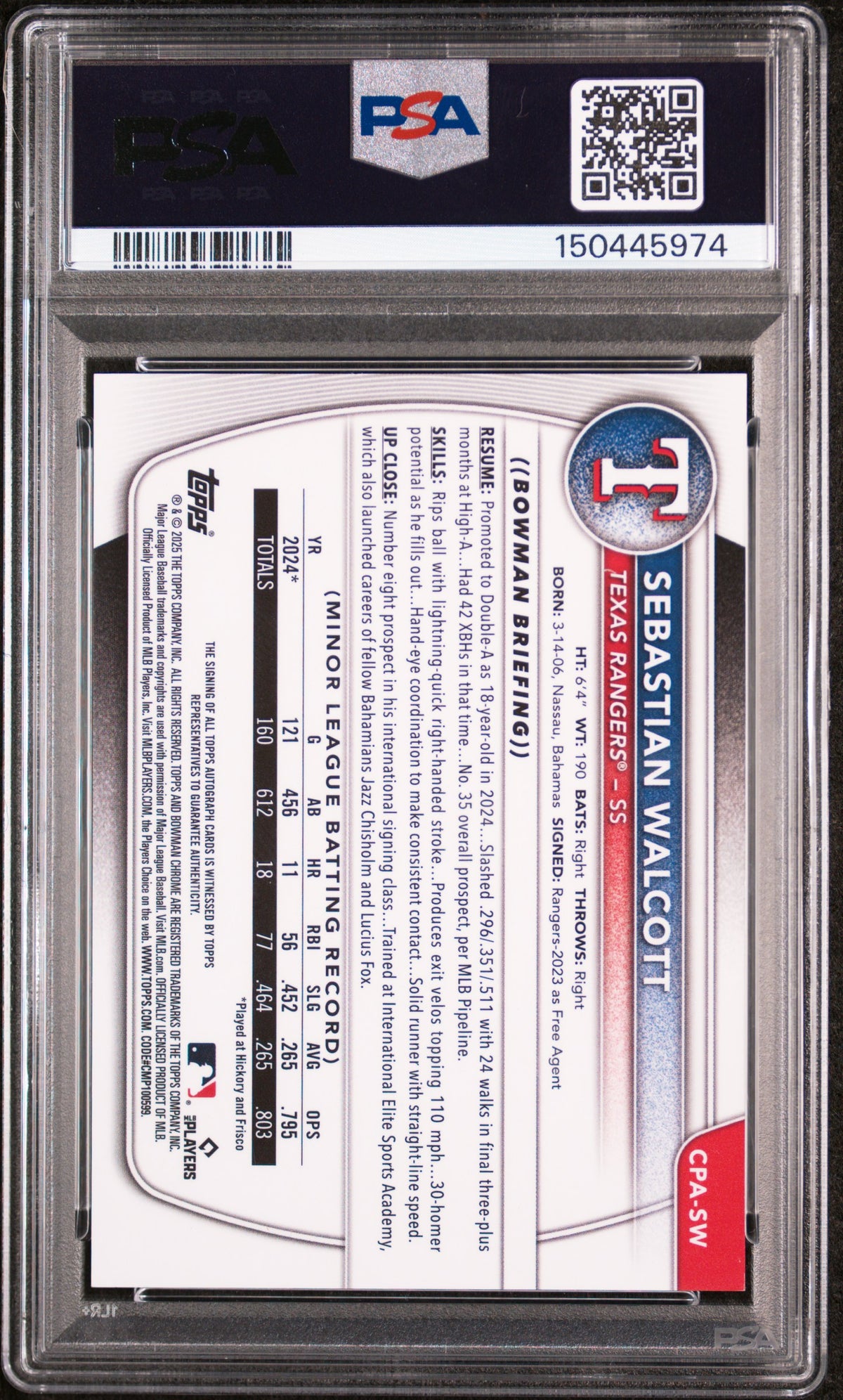 2025 Bowman Chrome Prospect Autographs Blue Refractors Sebastian Walcott #CPASW /150 PSA 9
