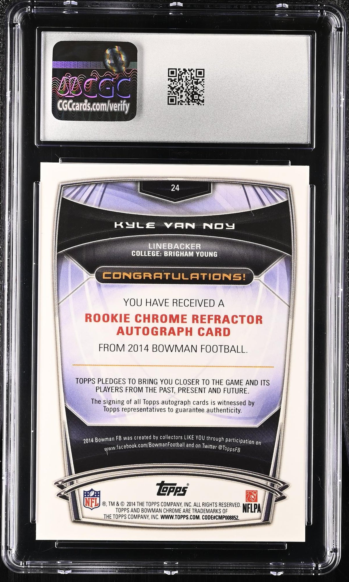 2014 Bowman #24 Kyle Van Noy Rookie Chrome Refractor Autograph Auto CGC 10